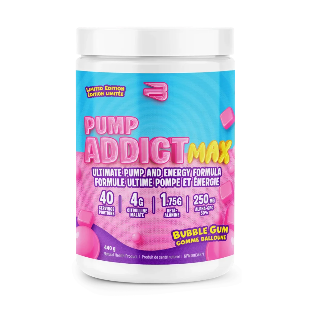 Believe Pump Addict MAX: Limited Edition bubble-gum pre-workout with 40 servings, formulated for energy, focus, and muscle support, featuring citrulline malate and beta-alanine.