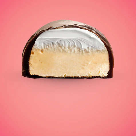 SNCK Protein Bar cross-section showing milk chocolate shell, fluffy marshmallow layer, and vanilla cake filling, offering candy-like taste with added protein.