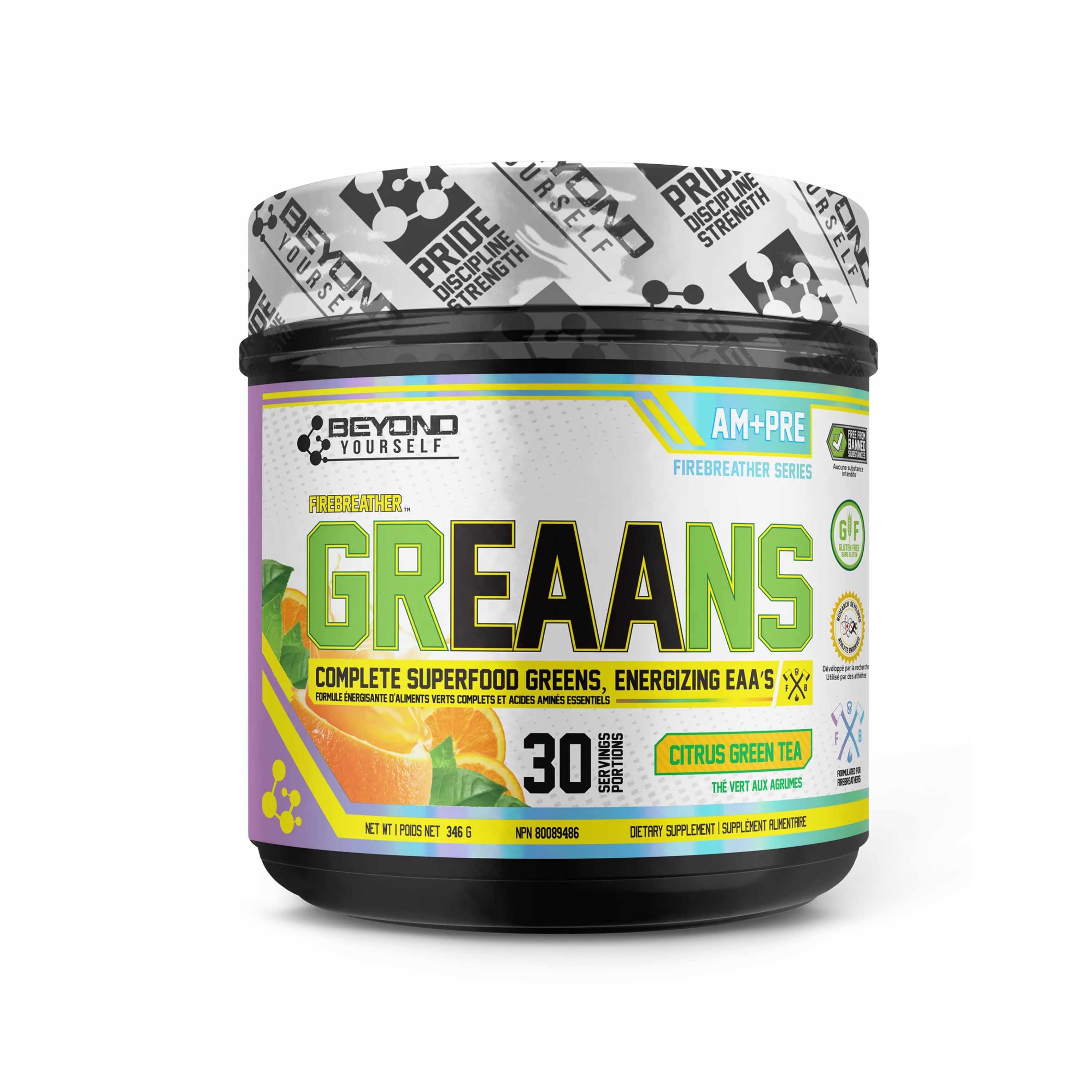 Beyond Yourself GrEAAns superfood supplement in a black container with a white label, offering a smooth greens and vegan EAA formula for enhanced energy and recovery.