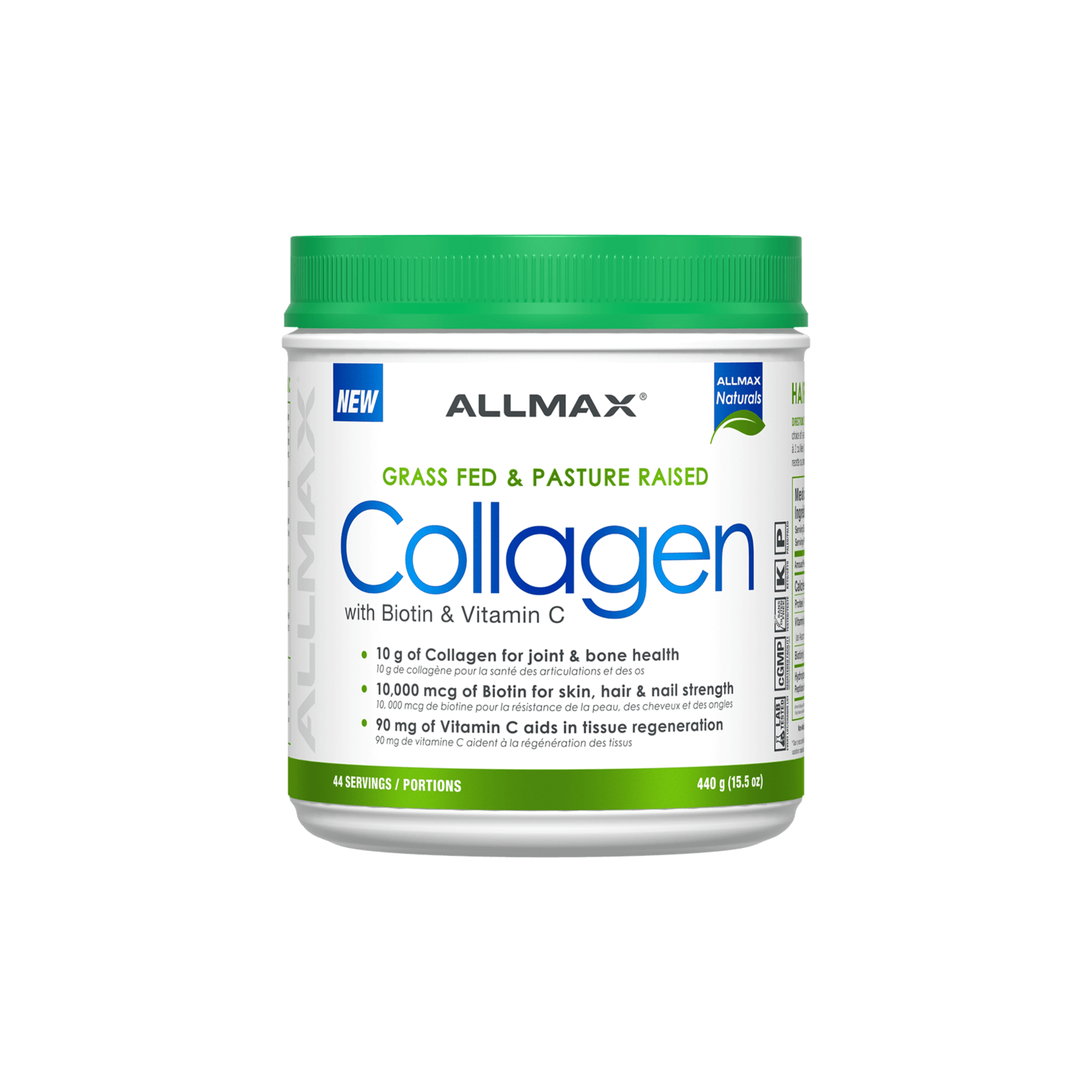 Allmax Collagen with Biotin & Vitamin C - 44 Serving, featuring a white container with a green lid, designed for joint, skin, hair, and nail health.