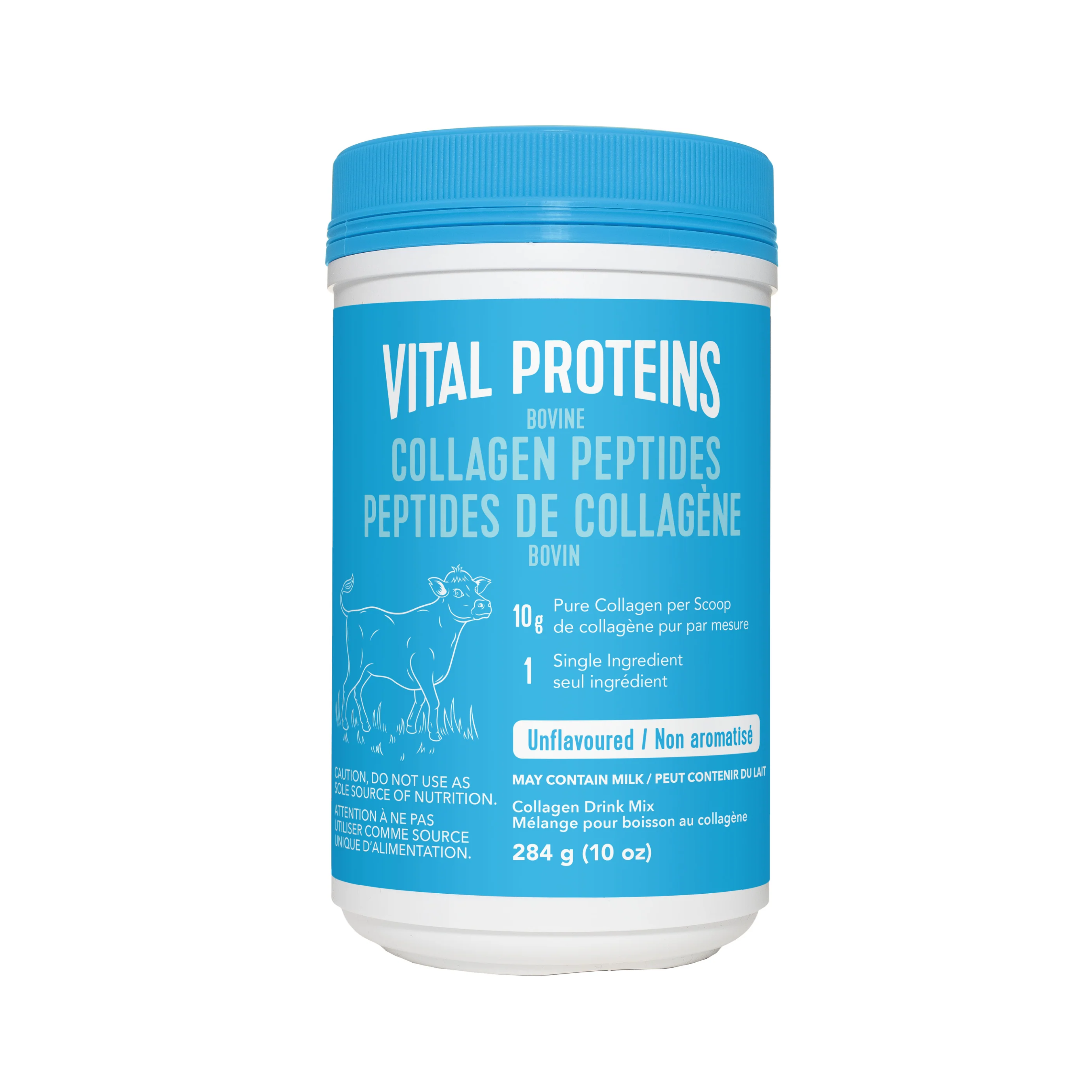 Vital Proteins Bovine Peptides bottle with blue lid and label, featuring hydrolyzed collagen for adding to smoothies or coffee to support connective tissue strength and elasticity.