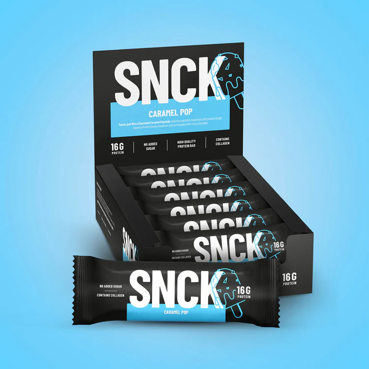 SNCK Protein Bar retail display featuring Caramel Pop flavor, highlighting 16g protein, no added sugar, and collagen, perfectly blending candy taste with nutritional benefits.