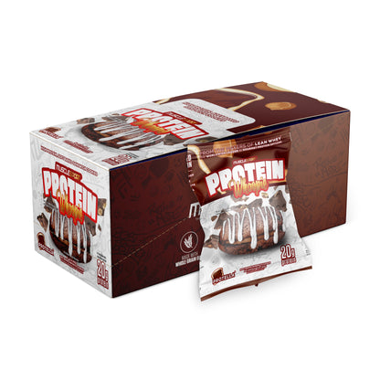 MuscleSport Protein Whoopies display box with single packet; features chocolate-coated treat and 20g protein label, ideal for fitness enthusiasts seeking high-protein snacks.