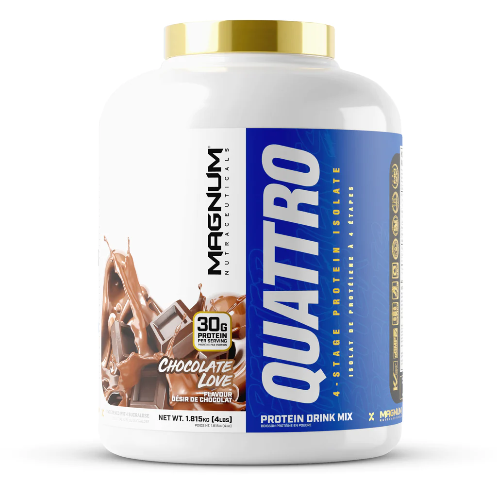 Magnum Quattro 4lb Original protein powder jar with a blue label, designed for optimal muscle growth and recovery with a blend of four pure isolates.