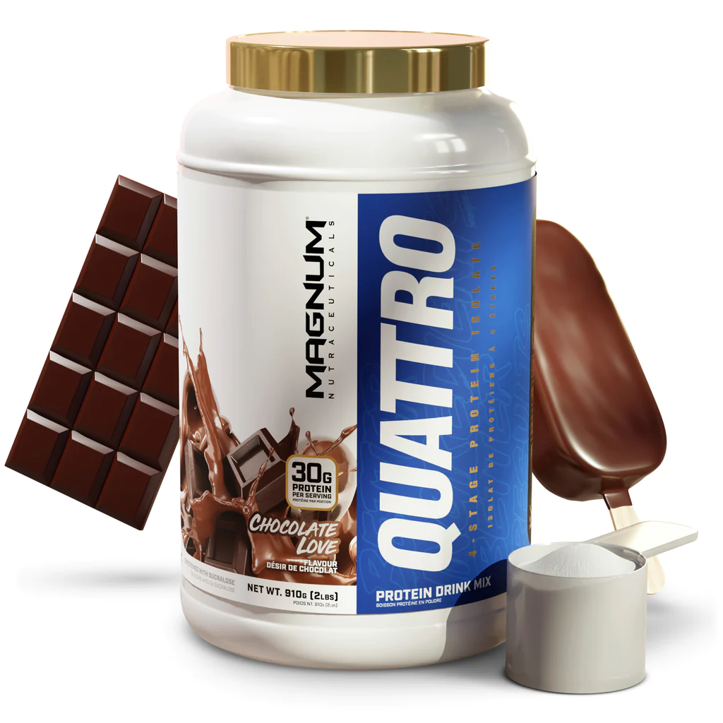 Magnum Quattro 2lb Original protein powder with blue label; includes chocolate bar for flavor reference. Perfect for fitness enthusiasts seeking high-quality, time-release protein.