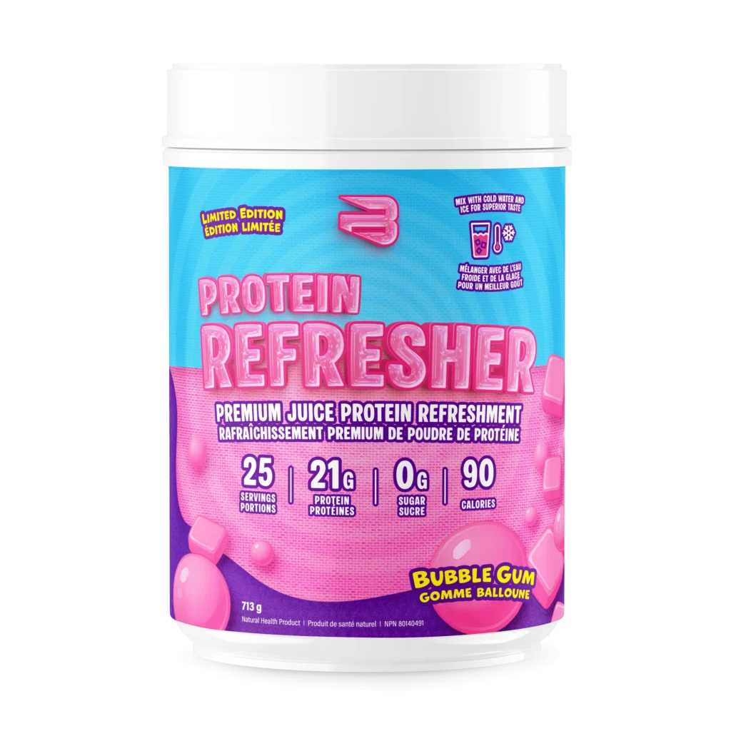 Believe Protein Refresher tub, bubble-gum flavor, 25 servings, 21g protein, 0g sugar, 90 calories. Mix with cold water and ice for best taste.