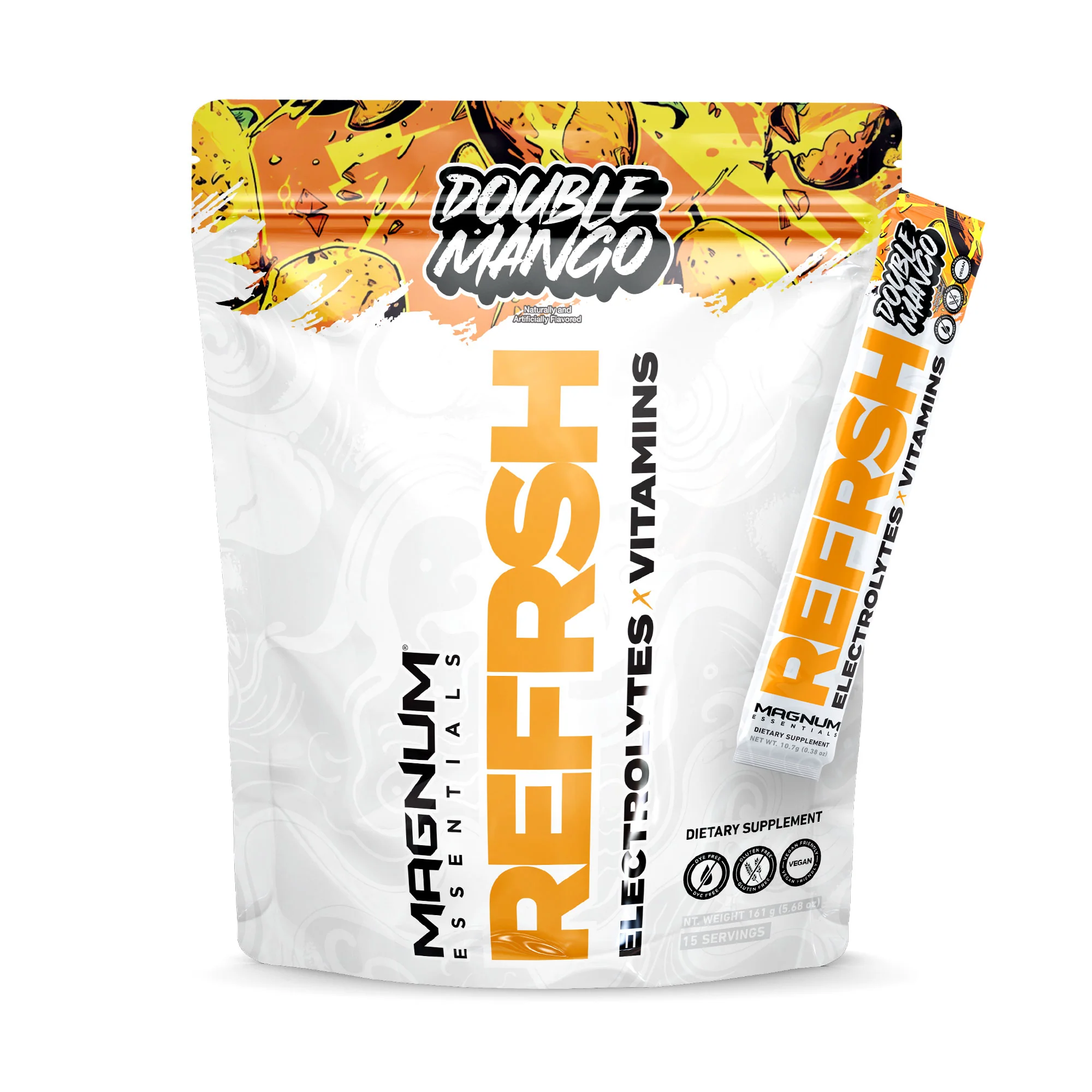 Magnum REFRSH Electrolytes x Vitamins 15 Single Serv Packs, a hydration blend for sports and recovery, shown in a white and orange package.