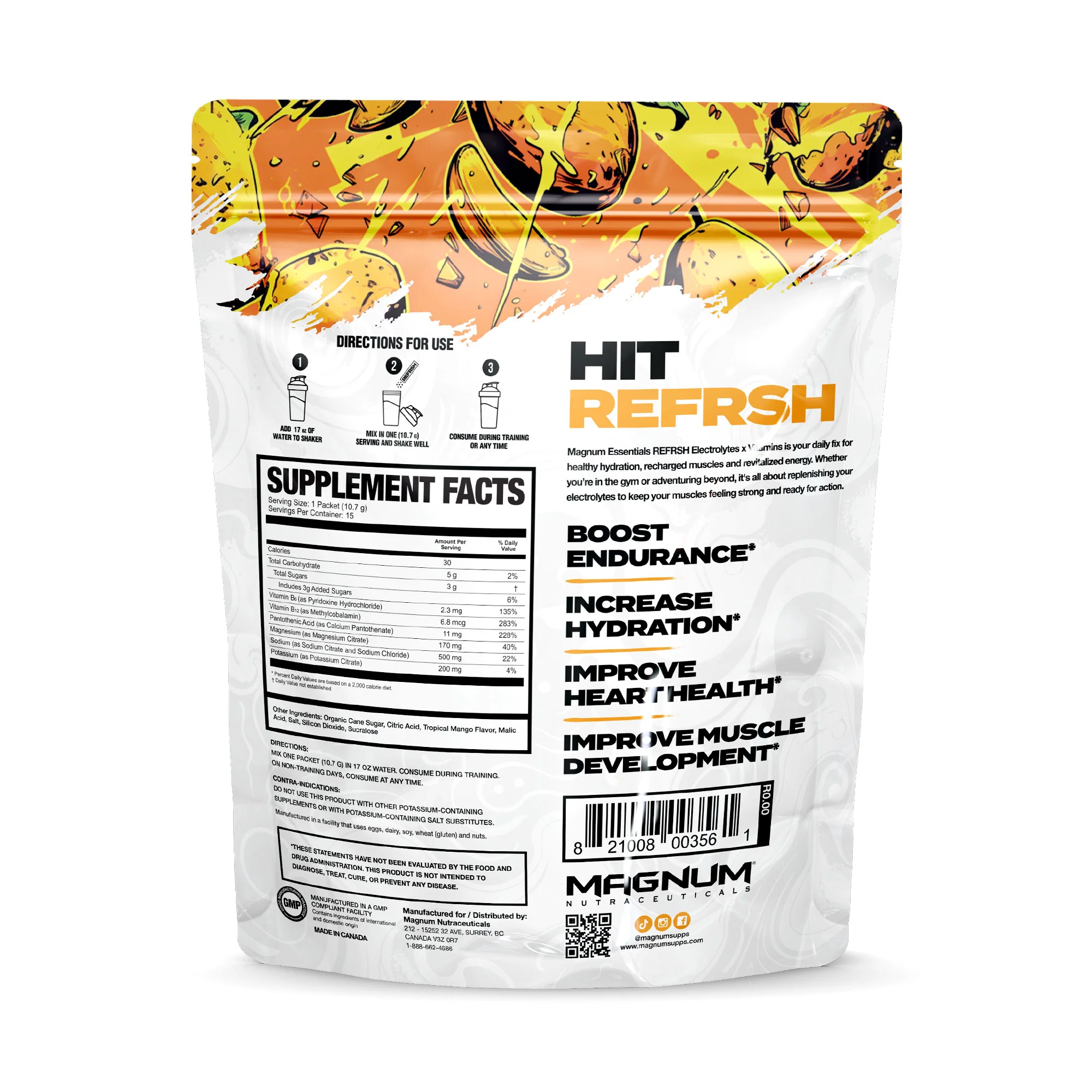 Magnum REFRSH Electrolytes x Vitamins 15 Single Serv Packs displayed with text and barcode, highlighting hydration benefits for sports and wellness.