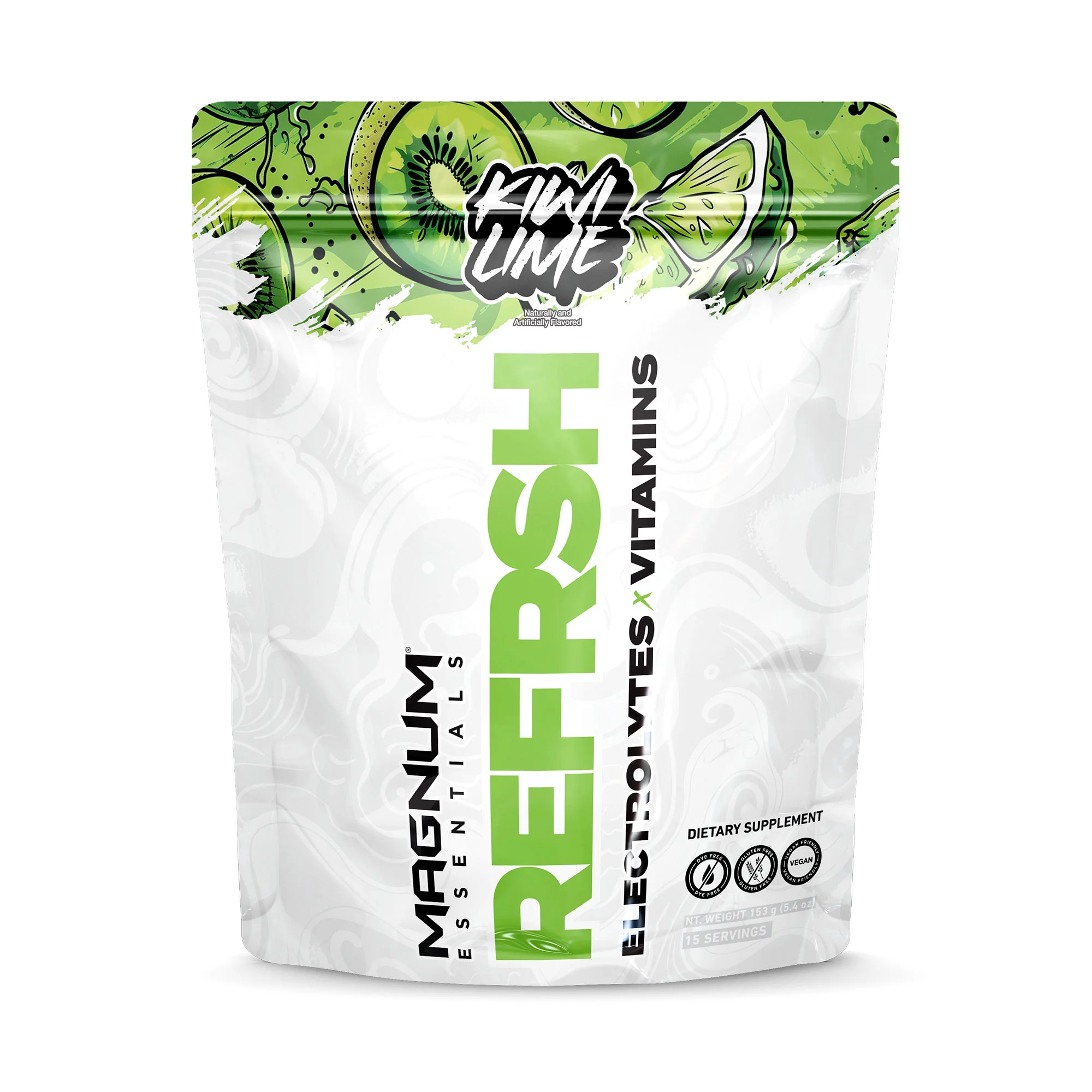 Magnum REFRSH Electrolytes x Vitamins pack, featuring a green logo on a white bag, ideal for hydration and replenishment.