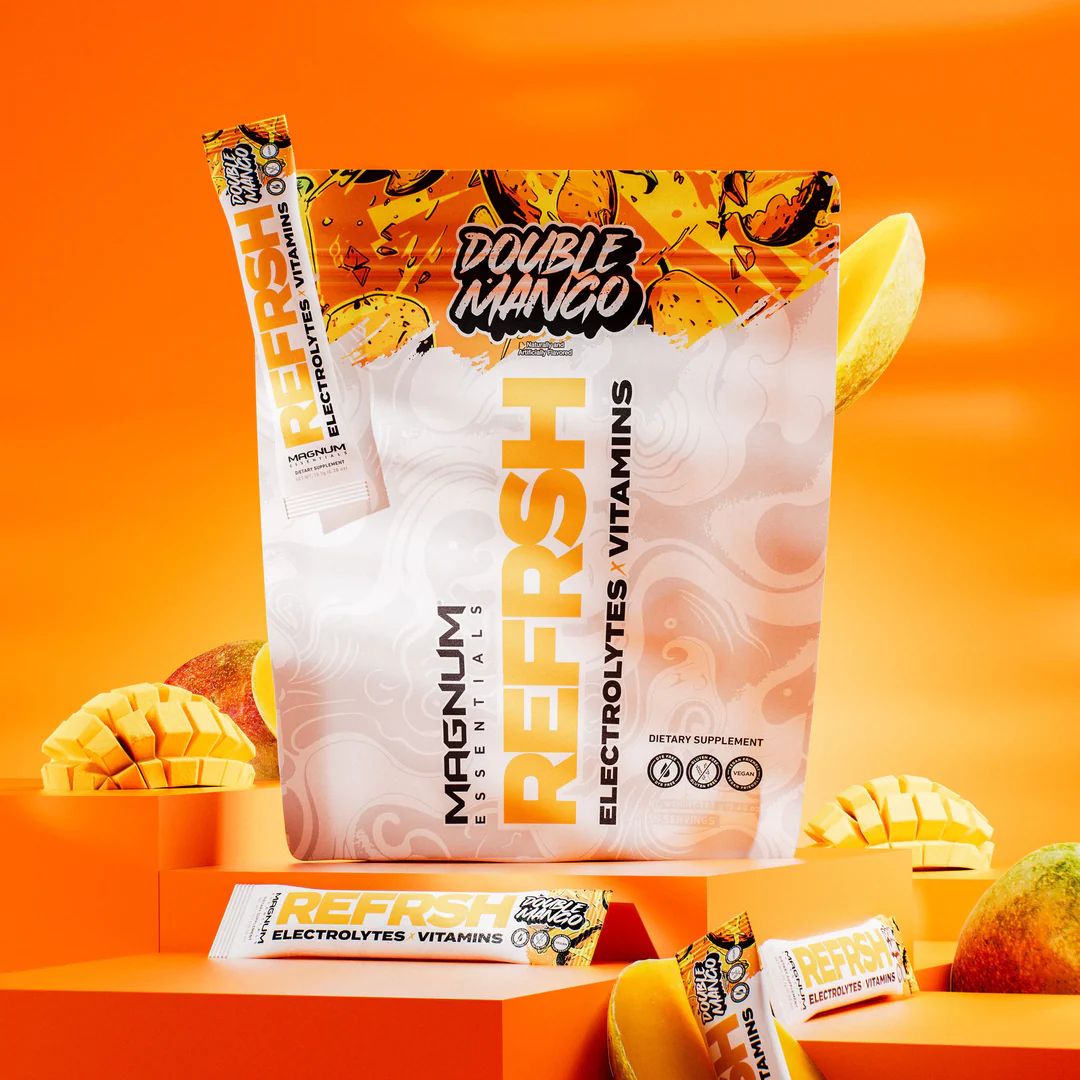 Magnum REFRSH Electrolytes x Vitamins 15 Single Serv Packs displayed on a table, highlighting its role in hydration and wellness.