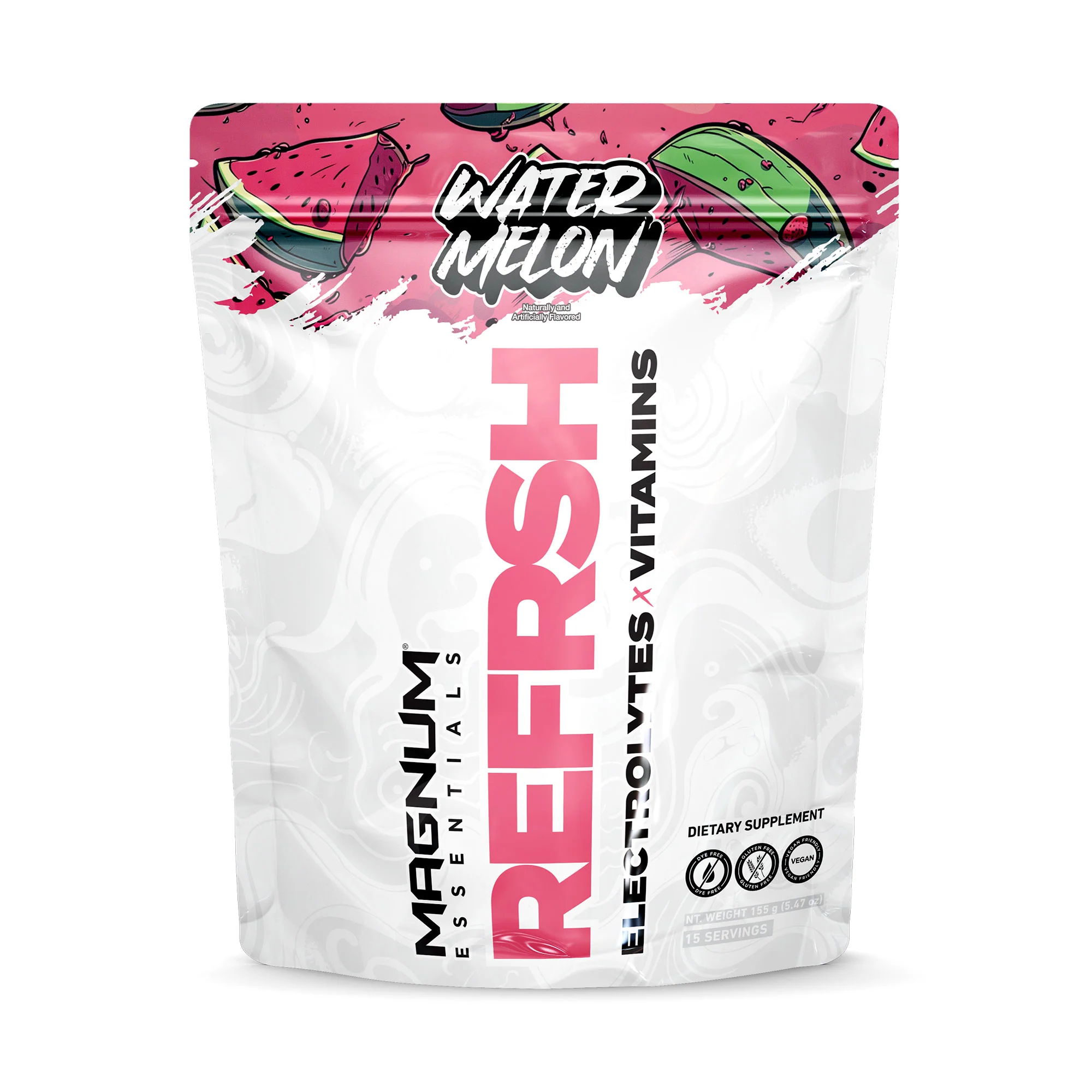 Magnum REFRSH Electrolytes x Vitamins 15 Single Serv Packs displayed in a white and pink package, highlighting its hydration benefits and intended for sports and wellness.