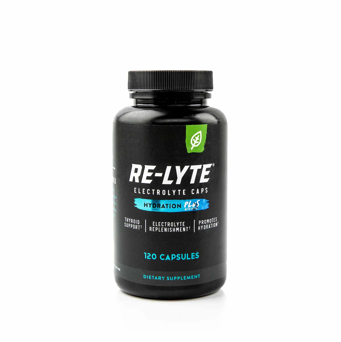 Re-Lyte Hydration Support Plus 120 Caps in a black bottle with white labeling, offering balanced electrolytes and iodine for optimal hydration and thyroid support.