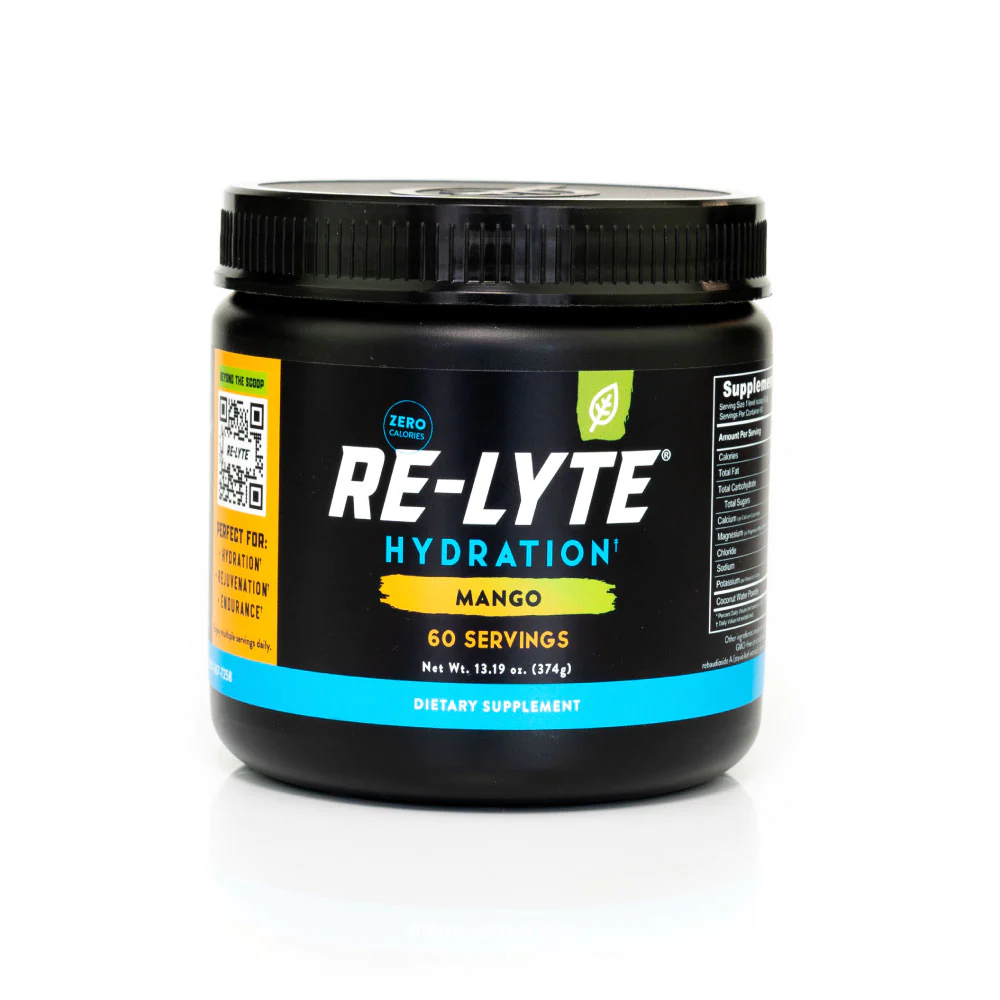 Re-Lyte Hydration in a black container with a blue and white label, designed for effective daily hydration with electrolytes and zero calories.