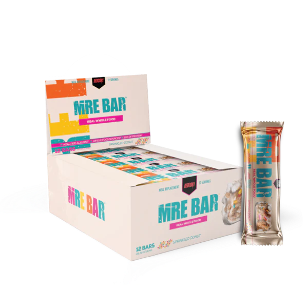 Redcon 1 MRE Bar Box of 12, featuring real food ingredients, visible in a compact box, ideal for convenient, balanced nutrition and fitness support.