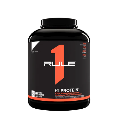 Rule 1 Whey + Hydrolyzed Isolate 2LB tub, Vanilla Crème flavor, highlights 100% whey protein isolate, 25g protein, 0g sugar, 76 servings, banned-substance tested.
