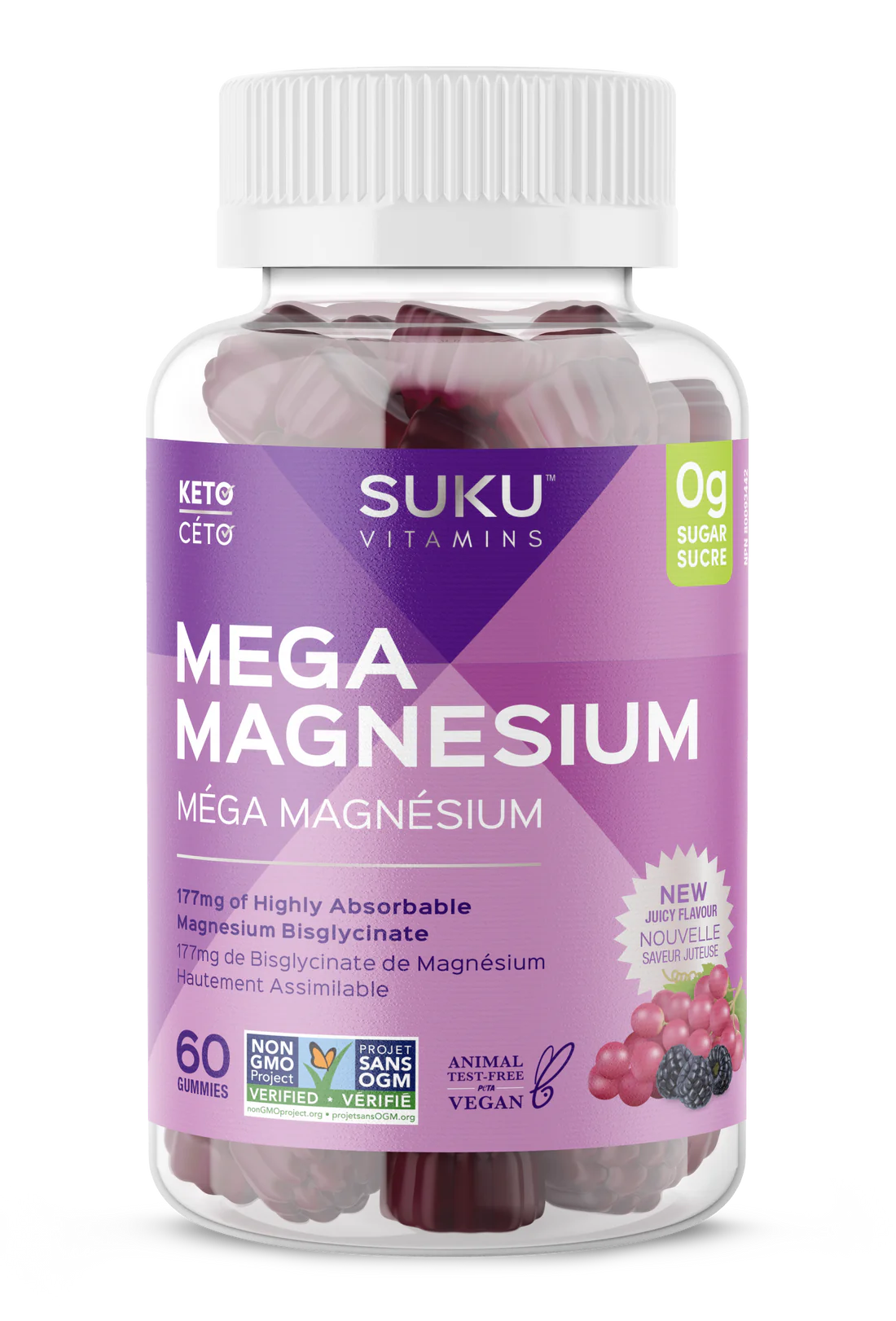 SUKU MEGA MAGNESIUM gummies bottle with a purple label, featuring 177mg magnesium bisglycinate per gummy for muscle, bone, and teeth health.