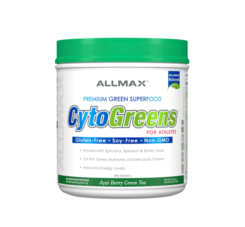 Allmax CytoGreens Açaí Berry Green Tea 60 serv in a white container with green lid, featuring a green and grey logo.