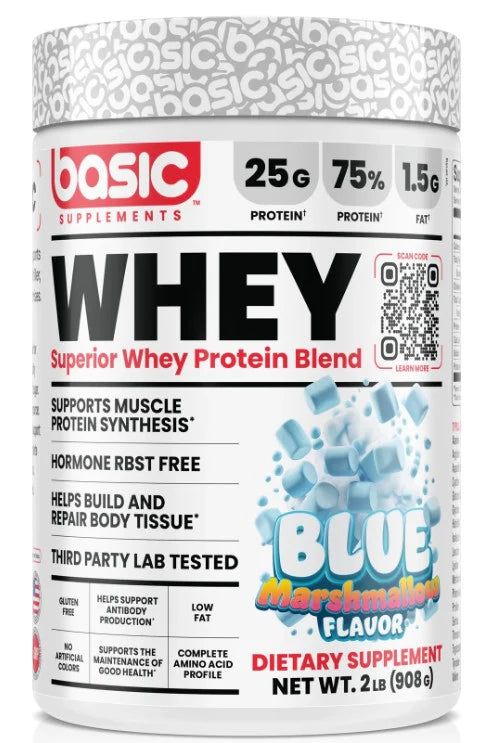 Basic Supplements Whey 2lb container, labeled with black and blue text, ideal for post-workout recovery and muscle building from Sector 6 Supplements.