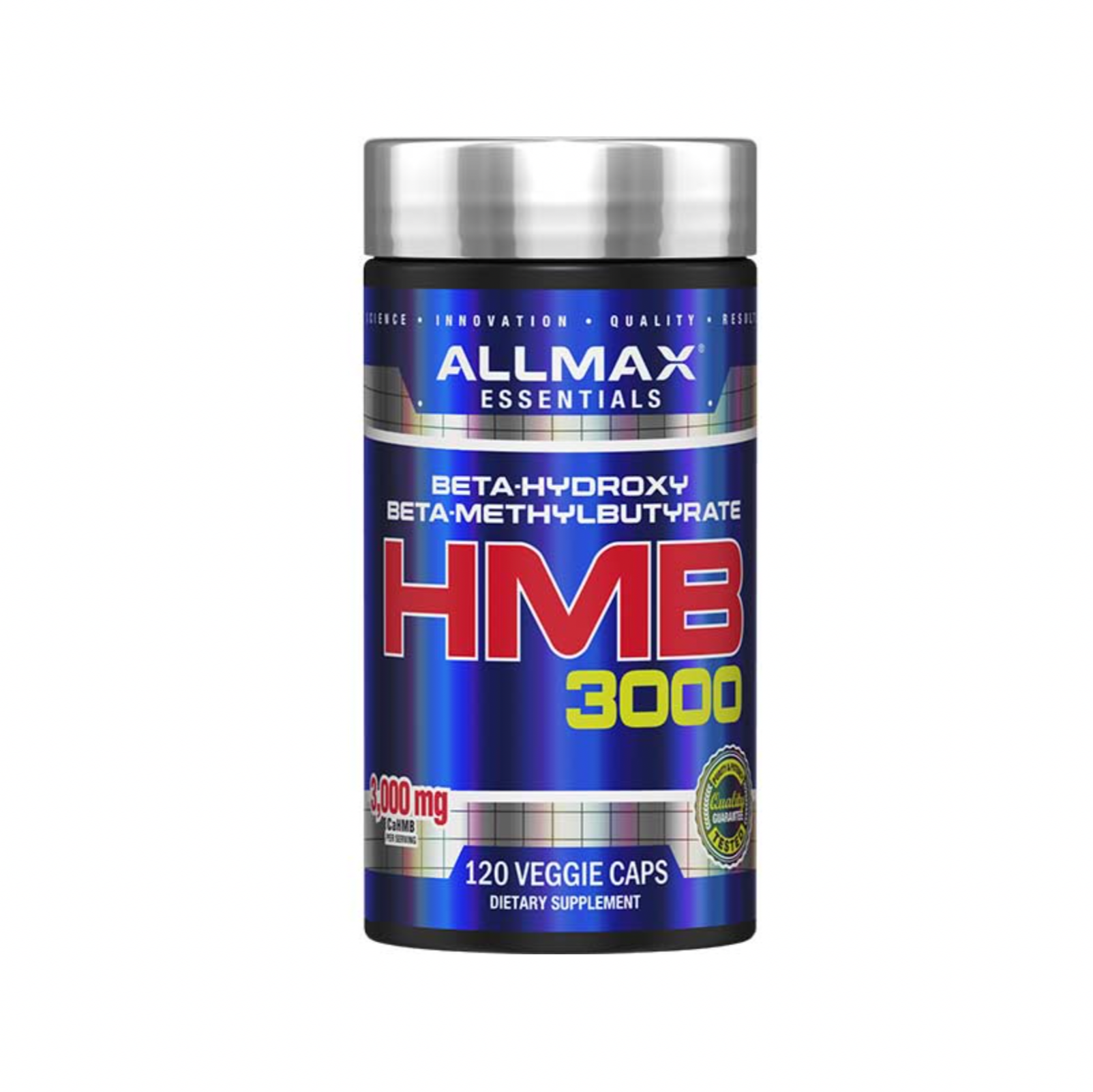 HMB 3000 Allmax supplement in a blue and silver container, supports muscle strength, promotes lean body mass, ideal for athletes and bodybuilders.