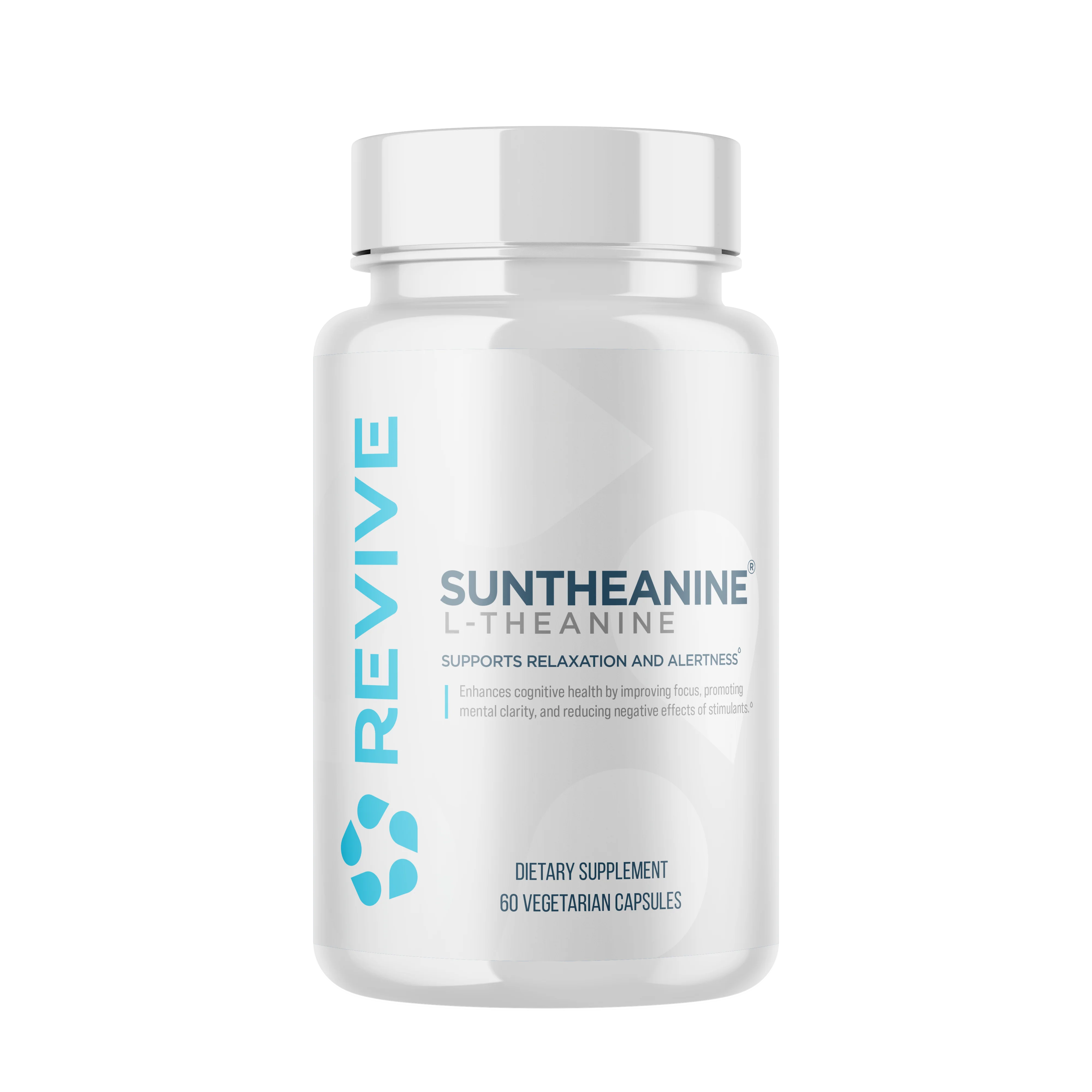 Revive MD Suntheanine bottle featuring blue text, containing patented L-Theanine for relaxation and stress reduction, ideal for fitness enthusiasts seeking enhanced mental focus.