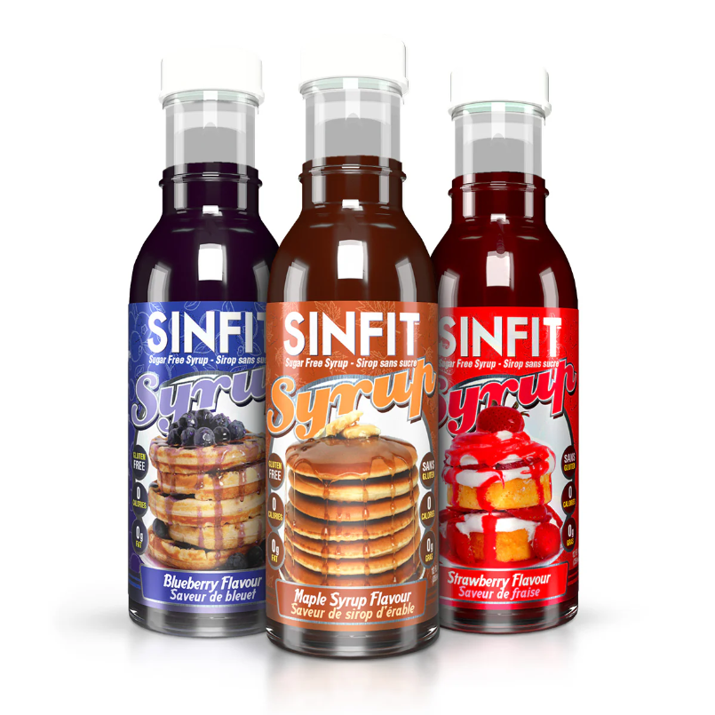 Sinfit Pancake Syrup Sugar Free bottles shown with pancakes, highlighting its sugar-free, zero-calorie formula ideal for enhancing breakfast and fitness-focused diets.