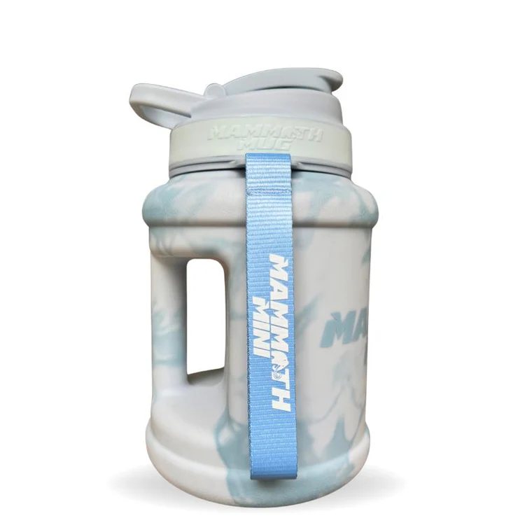 Mammoth Mug Mini 1.5L features a blue strap, redesigned lid, wrist lanyard, leak-proof cap, and engraved scale for tracking water intake.