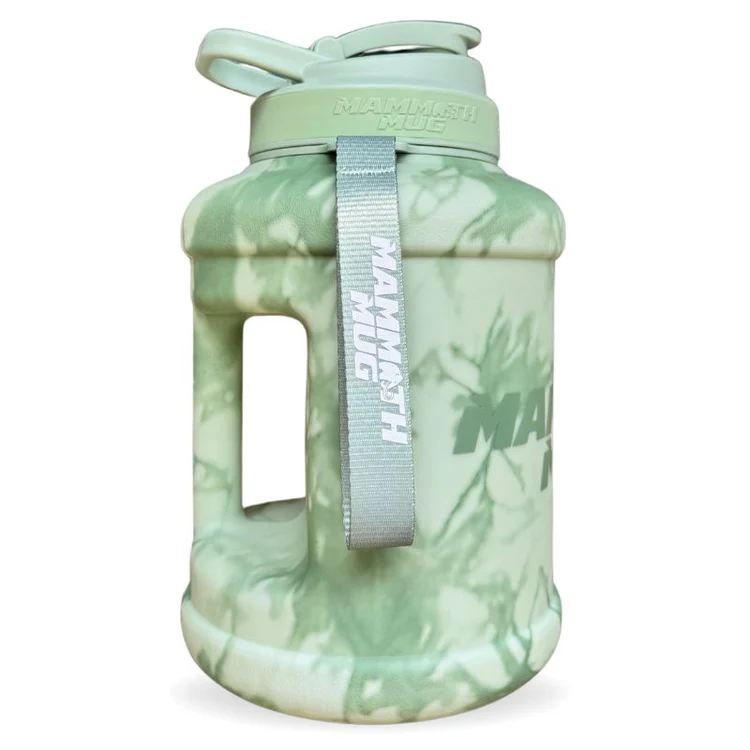 Mammoth Mug 2.5L with redesigned lid and wrist lanyard, featuring engraved scale, leak-proof shaker cap, and wide mouth for easy filling and cleaning.