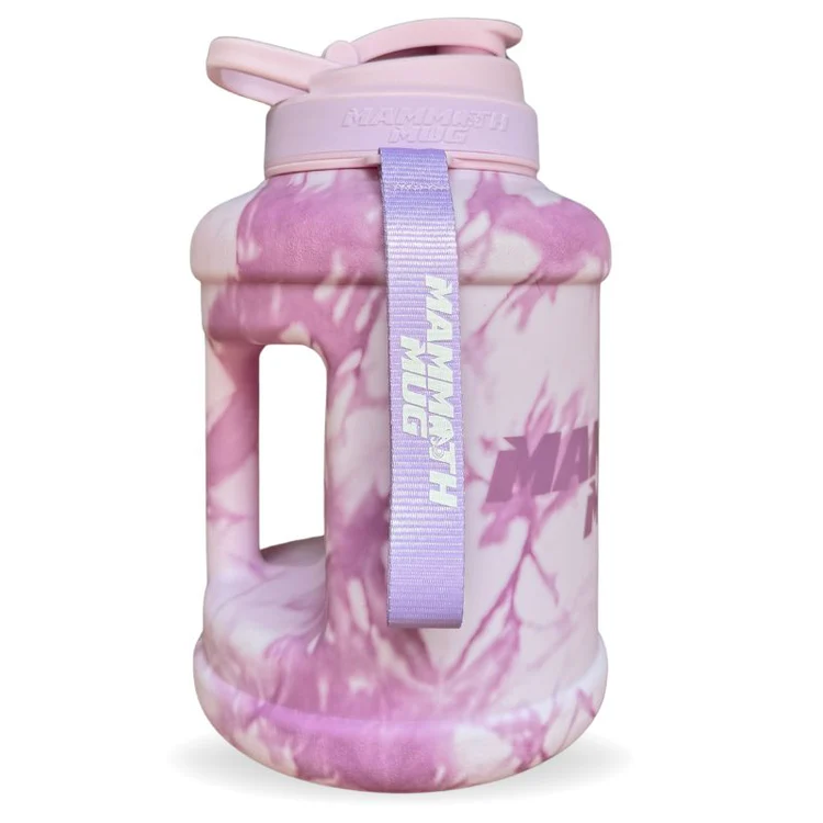 Mammoth Mug 2.5L with redesigned lid, built-in handle, and engraved scale for tracking, featuring a wrist lanyard and leak-proof cap for fitness enthusiasts.
