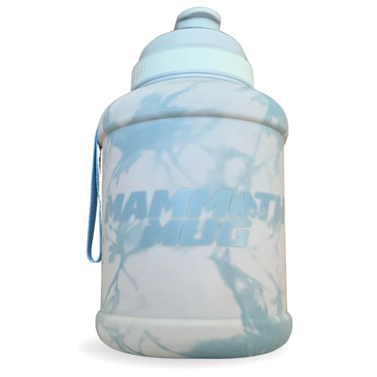 Mammoth Mug 2.5L with handle, redesigned lid, and engraved scale, ideal for tracking hydration and enhancing fitness routines.