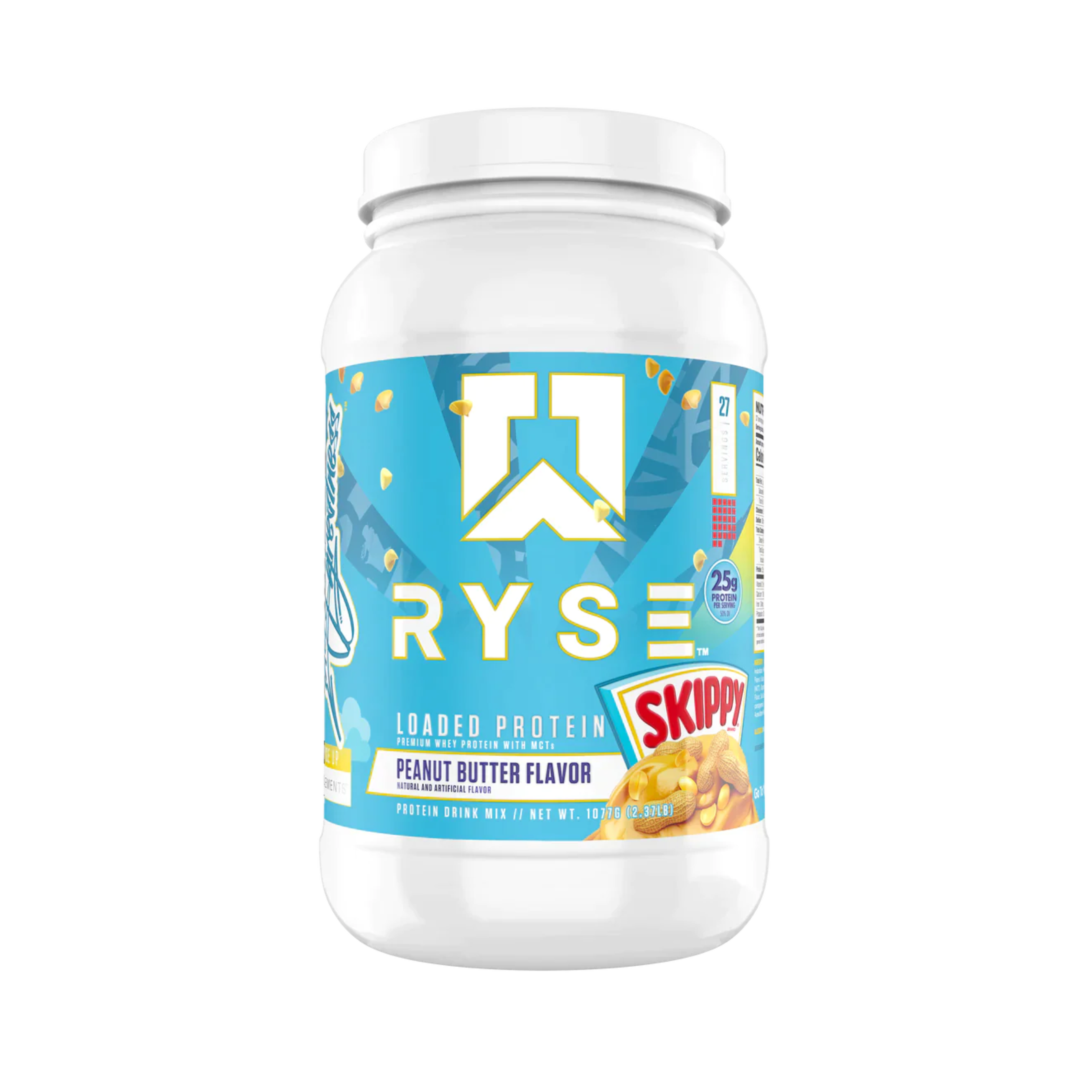 Ryse Loaded Whey Protein jar with a blue label, highlighting its premium ingredients for muscle recovery and digestion, available at Sector 6 Supplements.