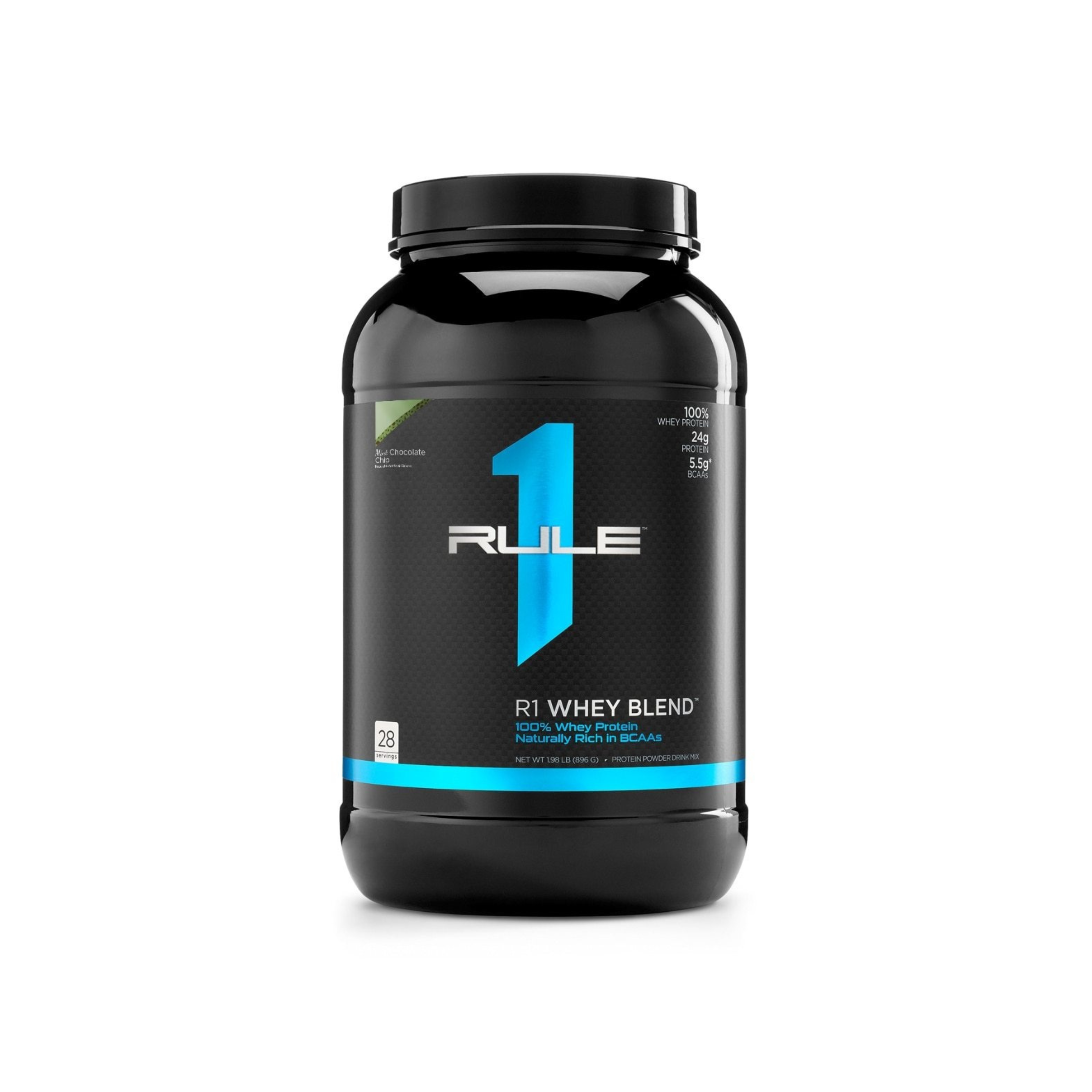 Rule 1 Whey 2lb container, featuring a blue label, offers 24g protein from three whey sources, ideal for fitness enthusiasts seeking quality nutrition.