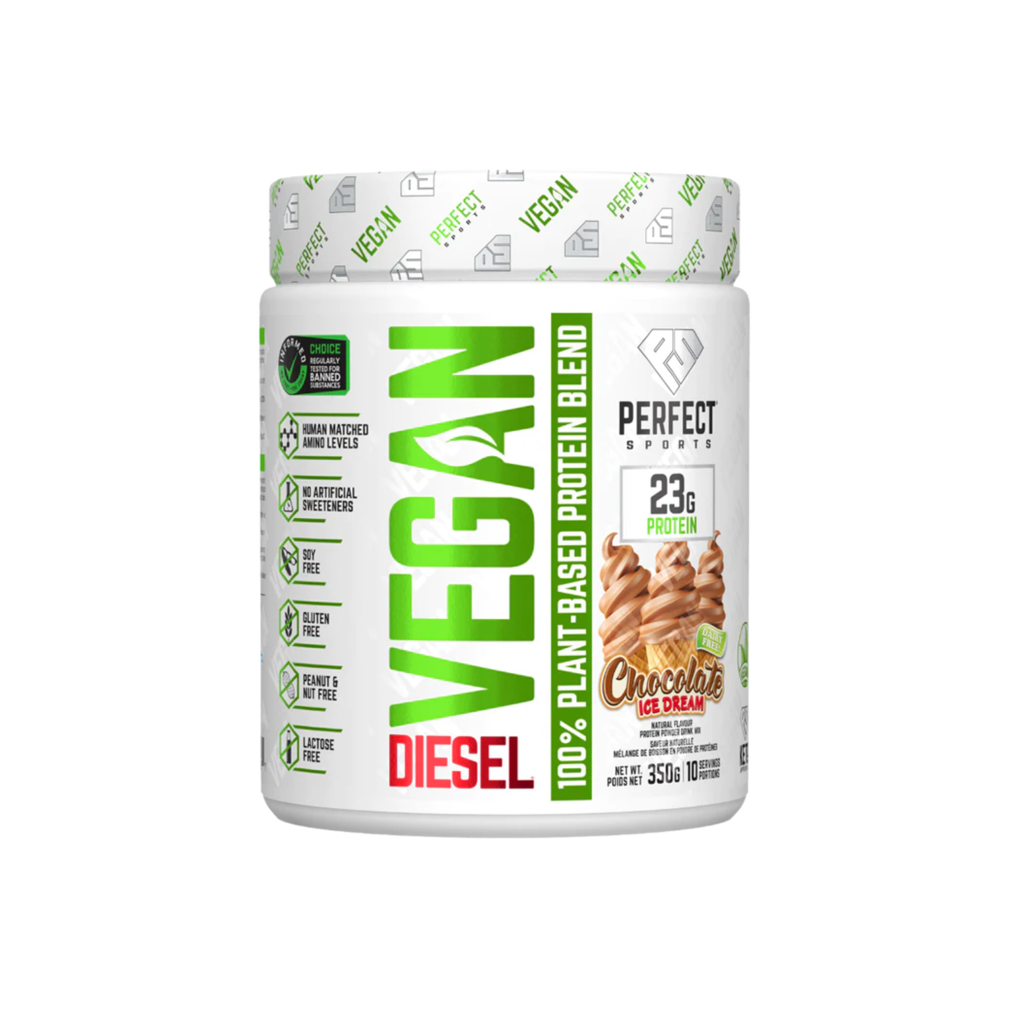 Perfect Sports Vegan 350g container, featuring plant-based protein with ModCarb and SolaThin, ideal for fitness enthusiasts seeking a balanced, chalk-free supplement.