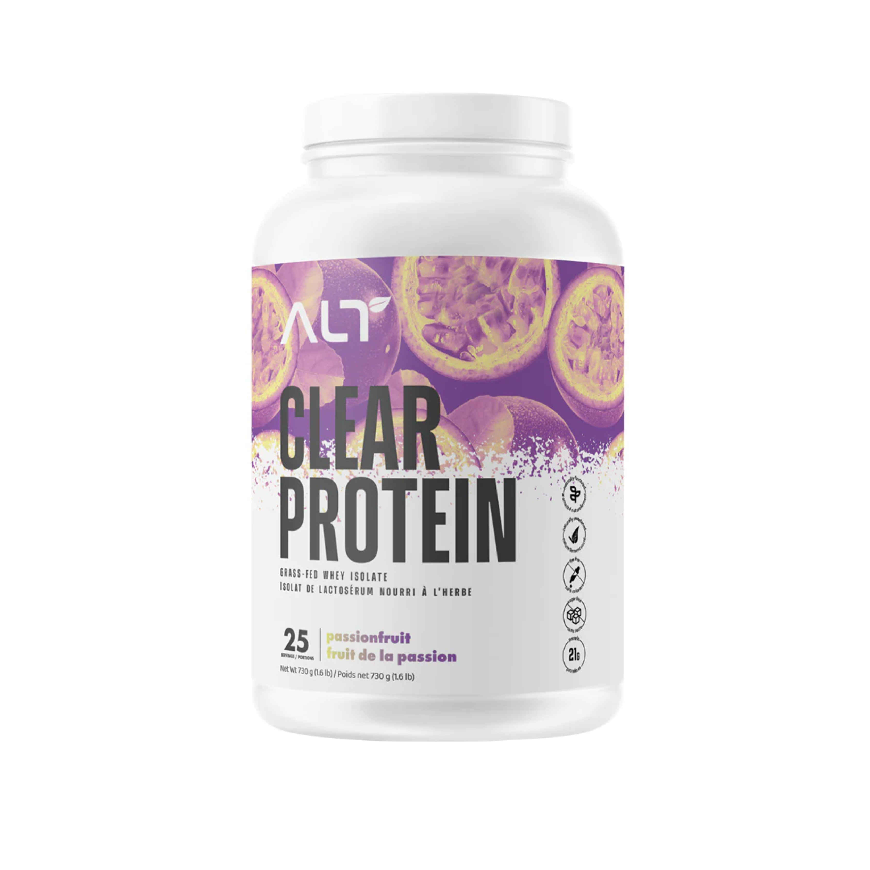 ALT Clear Protein in a white jar with purple and white text, featuring grass-fed whey isolate, no artificial sweeteners, and 25 servings per container.