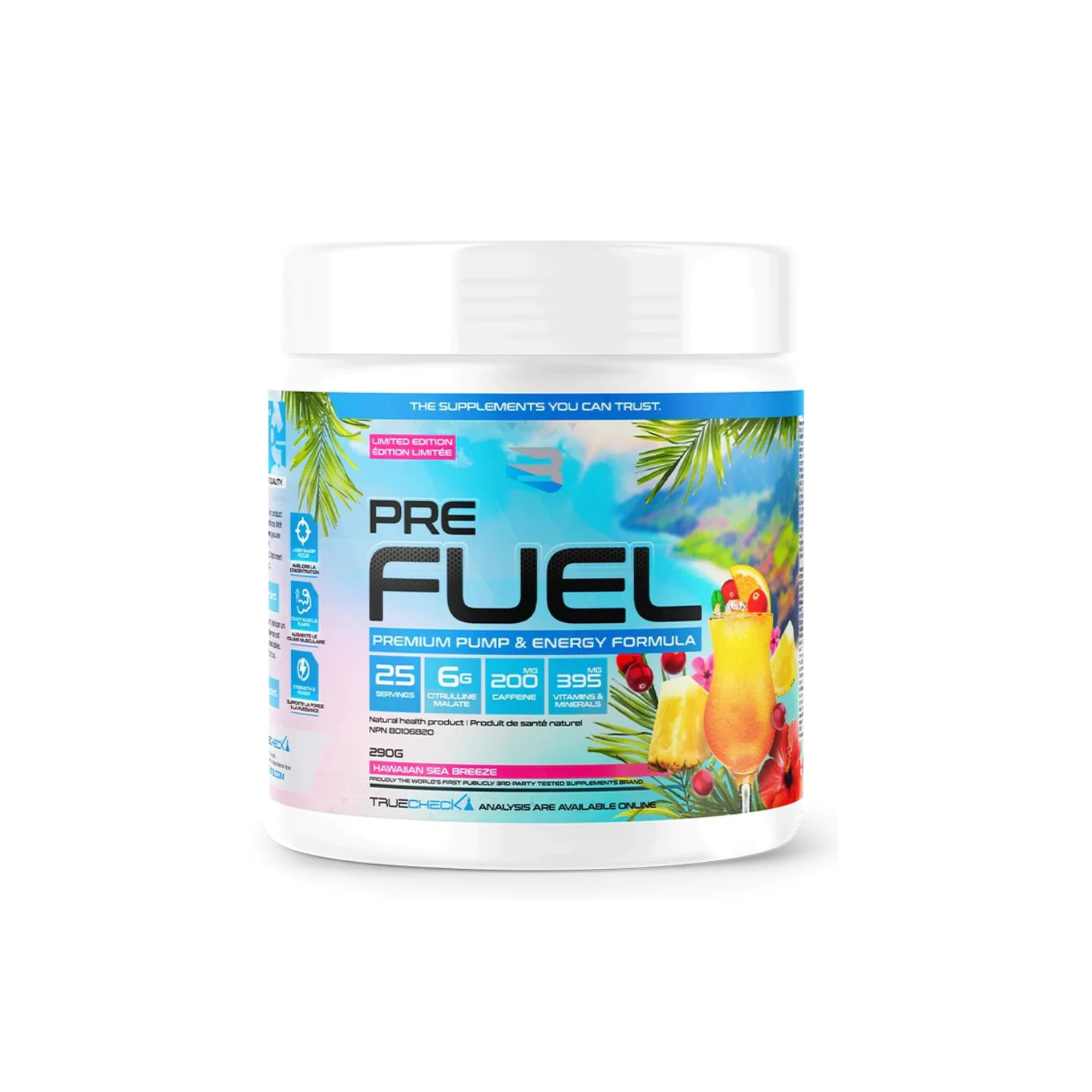 Believe Pre Fuel container with a blue label, featuring a logo and text highlighting its focus-enhancing and muscle-boosting properties for pre-workout supplementation.