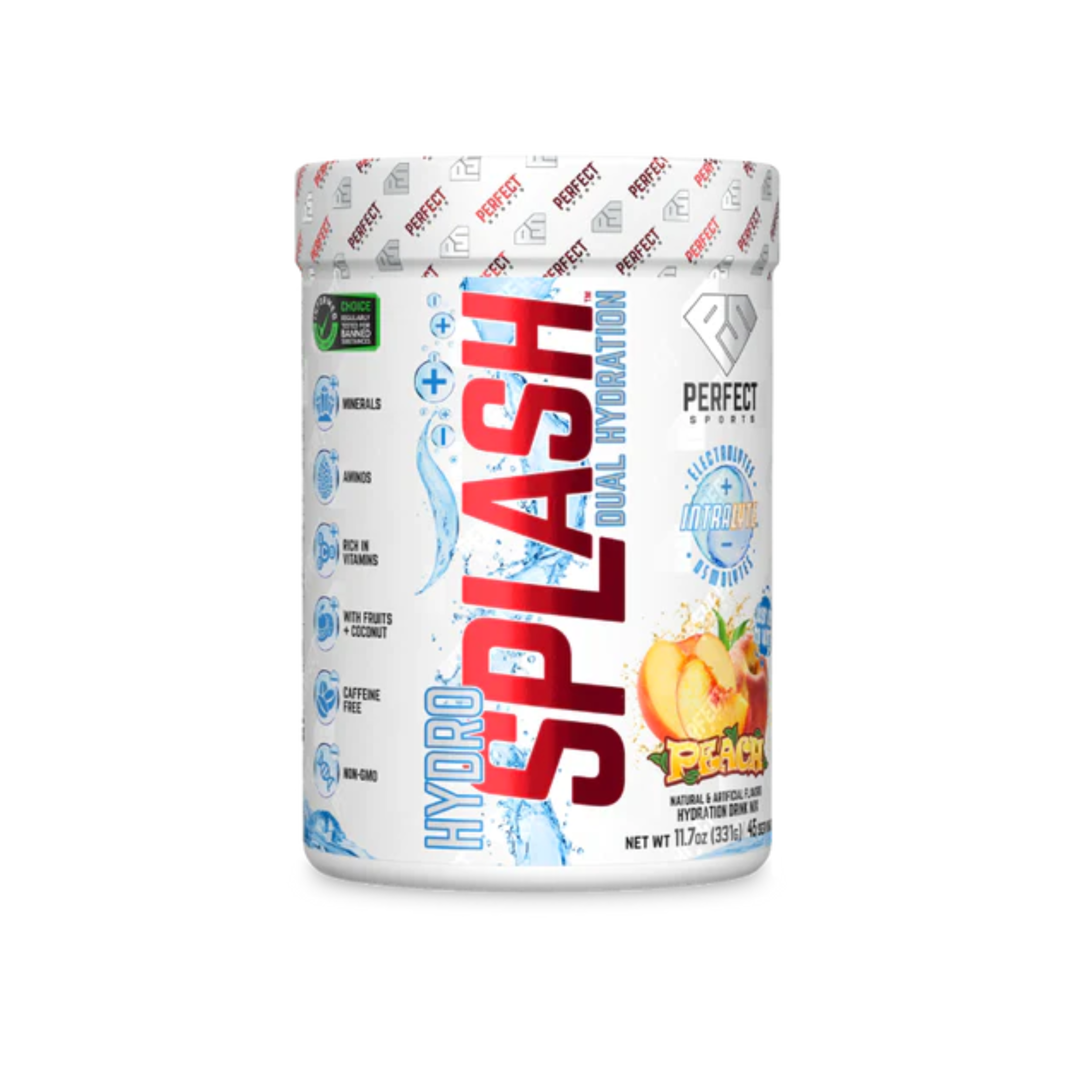 Perfect Sports HydroSplash Electrolytes can with dual hydration technology, featuring a labeled white container, designed for enhanced hydration with electrolytes and osmolytes.