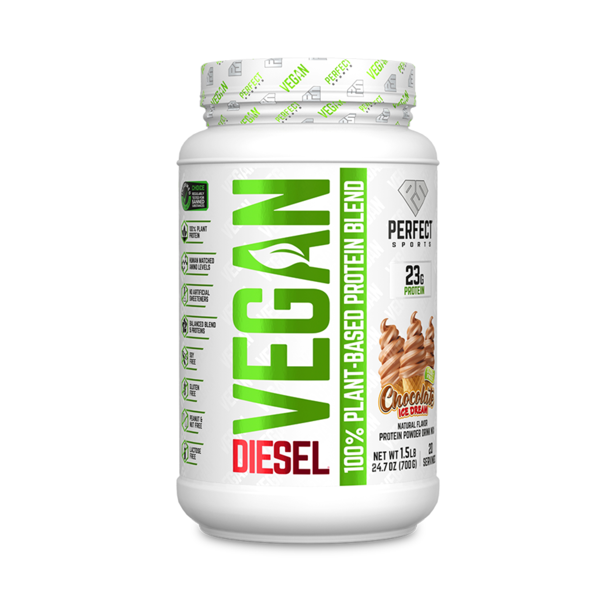 Perfect Sports Vegan 700g protein powder, white plastic container with green text, offering 23g plant-based protein per serving, ideal for fitness enthusiasts.