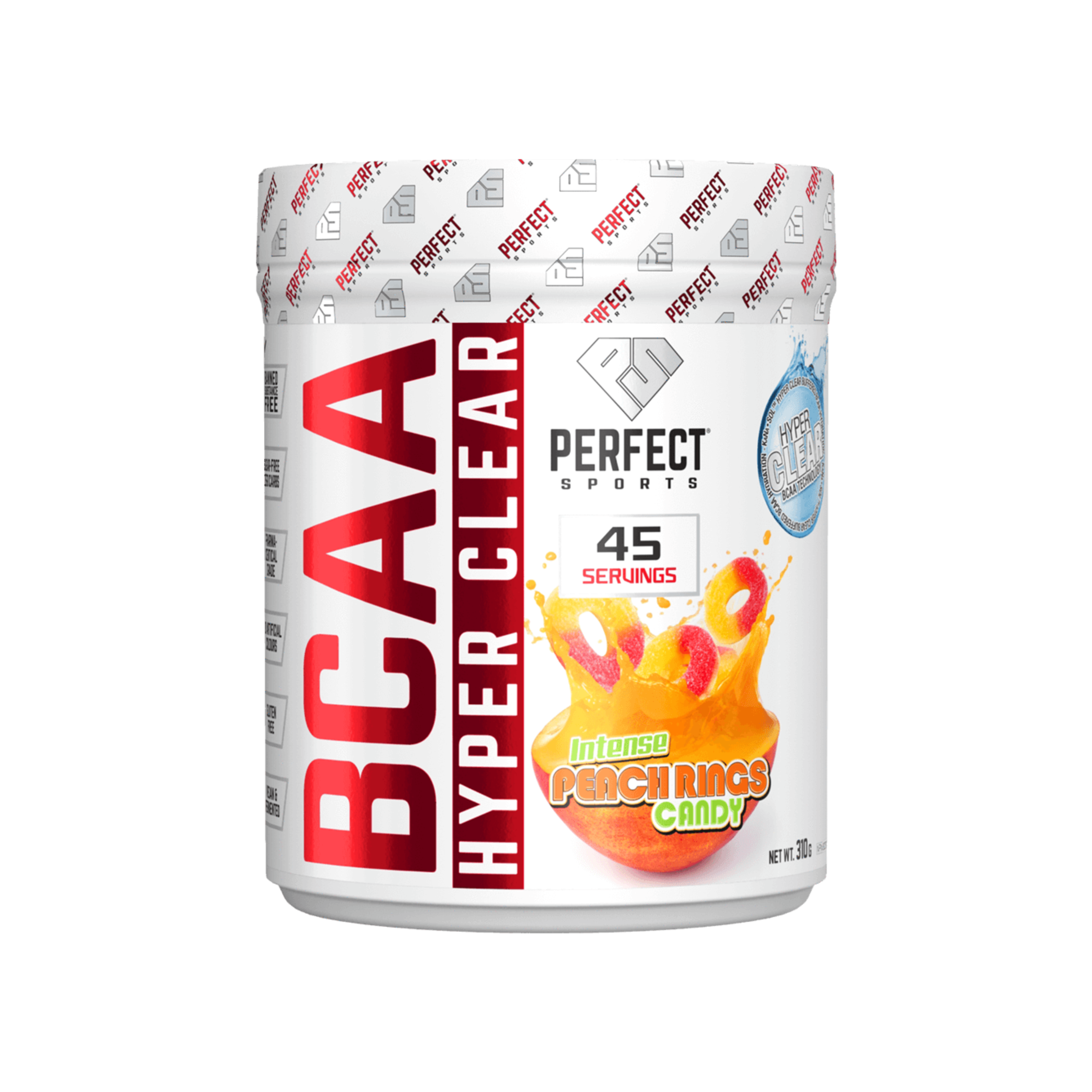 Perfect Sports Hyper Clear BCAA 45 Serv container with red and white labeling, promoting easy mixing, vegan BCAAs, and no artificial additives for fitness enthusiasts.