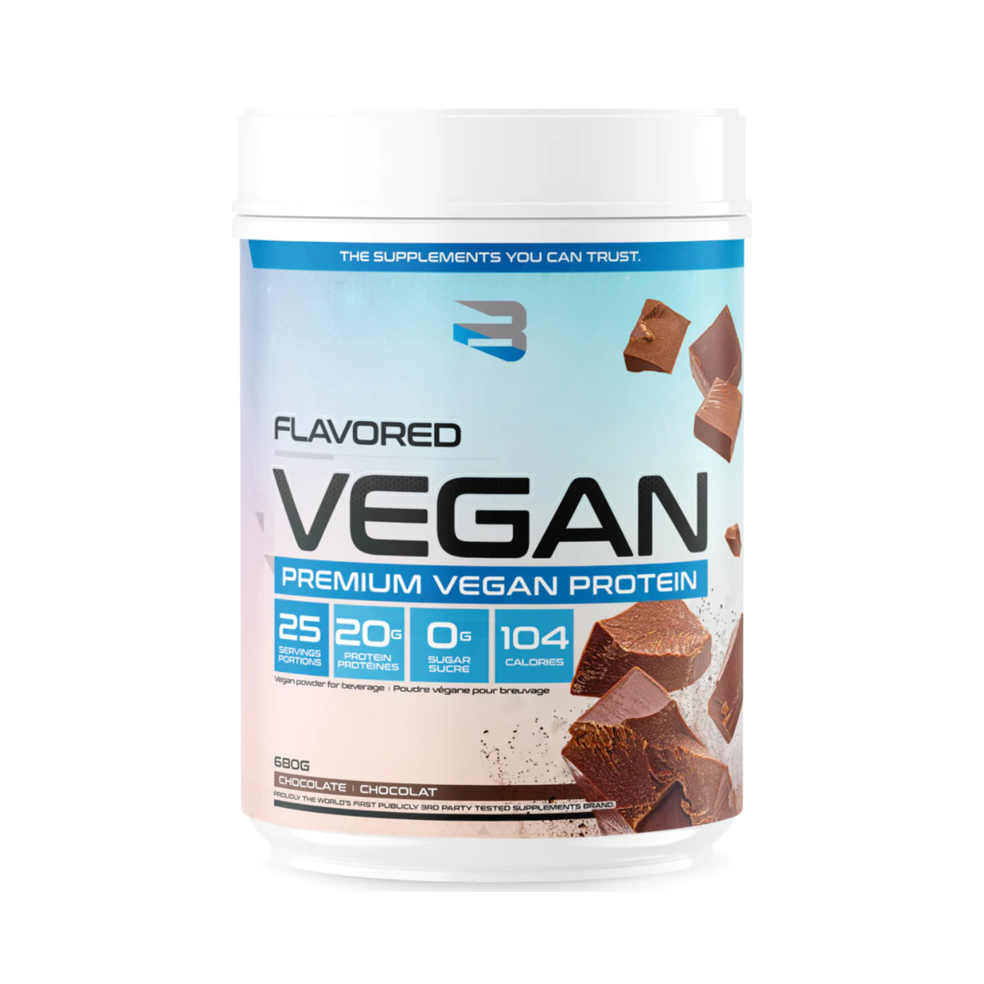 Believe Vegan Protein 667g container with blue label, featuring plant-based protein blend of mung bean, pea protein, and organic brown rice for fitness enthusiasts.