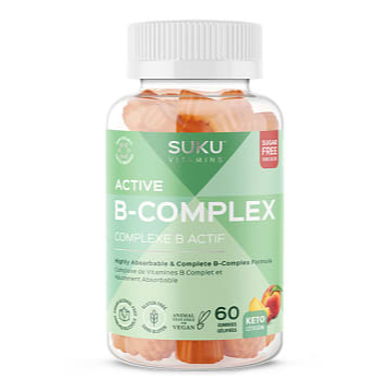 Suku Active B-Complex bottle, featuring 8 forms of Vitamin B, aids in nutrient metabolism and supports hair, skin, nails, bones, cartilage, and teeth health.