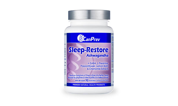 Canprev Sleep-Restore bottle featuring a close-up of its label, showcasing a solution designed to support restful sleep as part of Sector 6 Supplements' fitness-focused range.