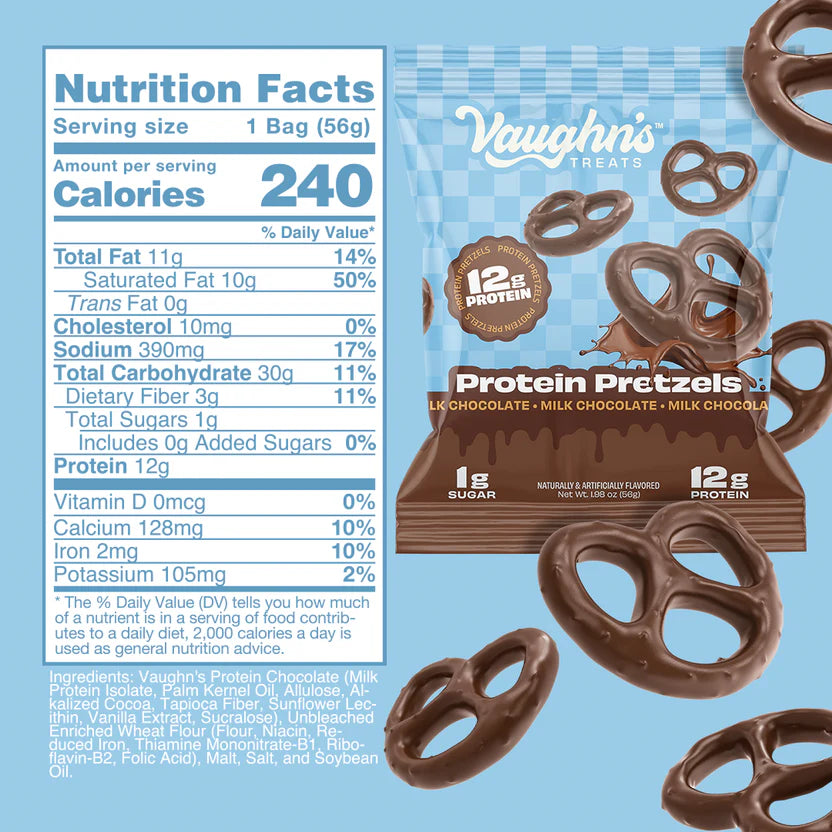 Vaughn's Protein Pretzels, chocolate-covered, individually packed snack with nutritional info; perfect for active families seeking a nostalgic, protein-rich treat.