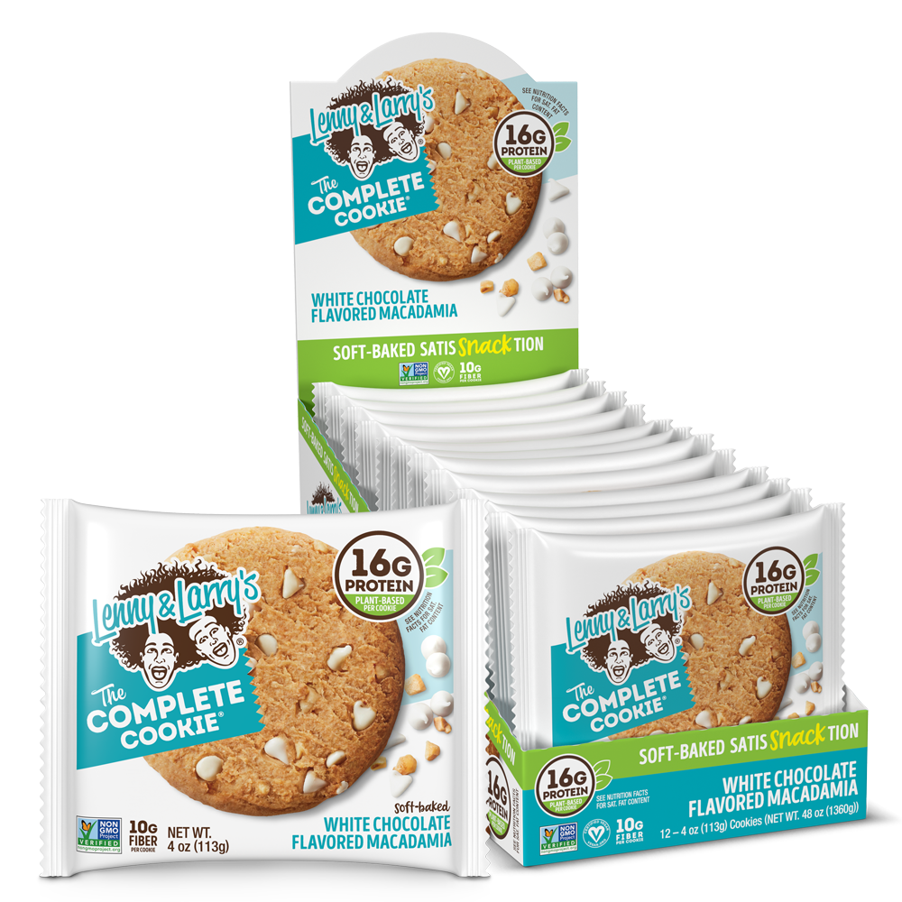 Lenny & Larry's Complete Cookie packages stacked, showcasing plant-based, non-GMO protein cookies ideal for fitness enthusiasts seeking vegan, energy-boosting snacks without sugar alcohols.