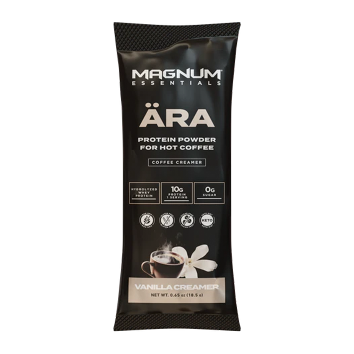 Magnum ARA Creamer Single Serv package featuring white text, ideal for adding protein to hot beverages, enhancing your fitness regimen with 10g hydrolyzed whey.