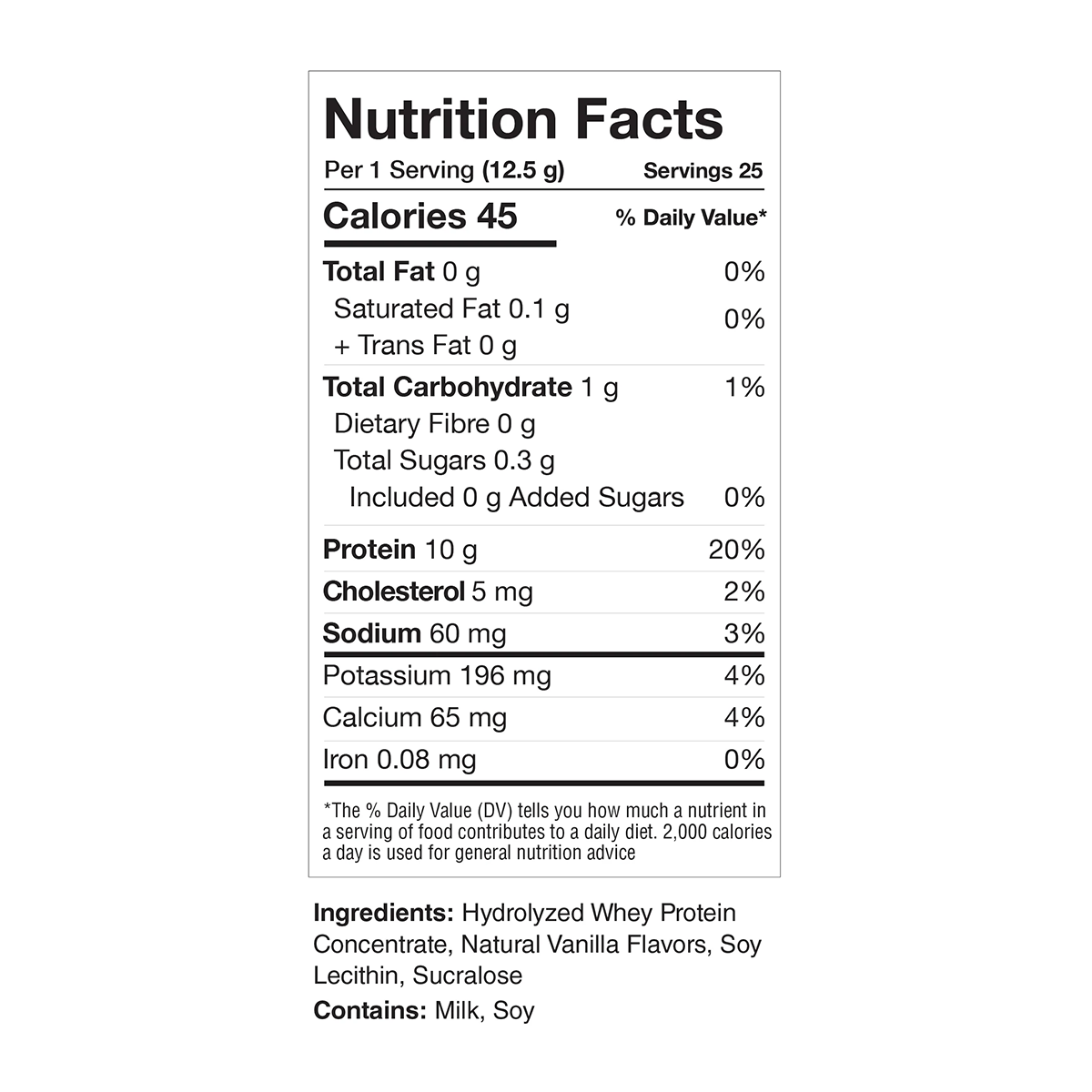 Close-up of Magnum ARA Non-Creamer (10 Pack) nutrition label, showcasing its sugar-free, gluten-free features and 10g hydrolyzed whey protein content.