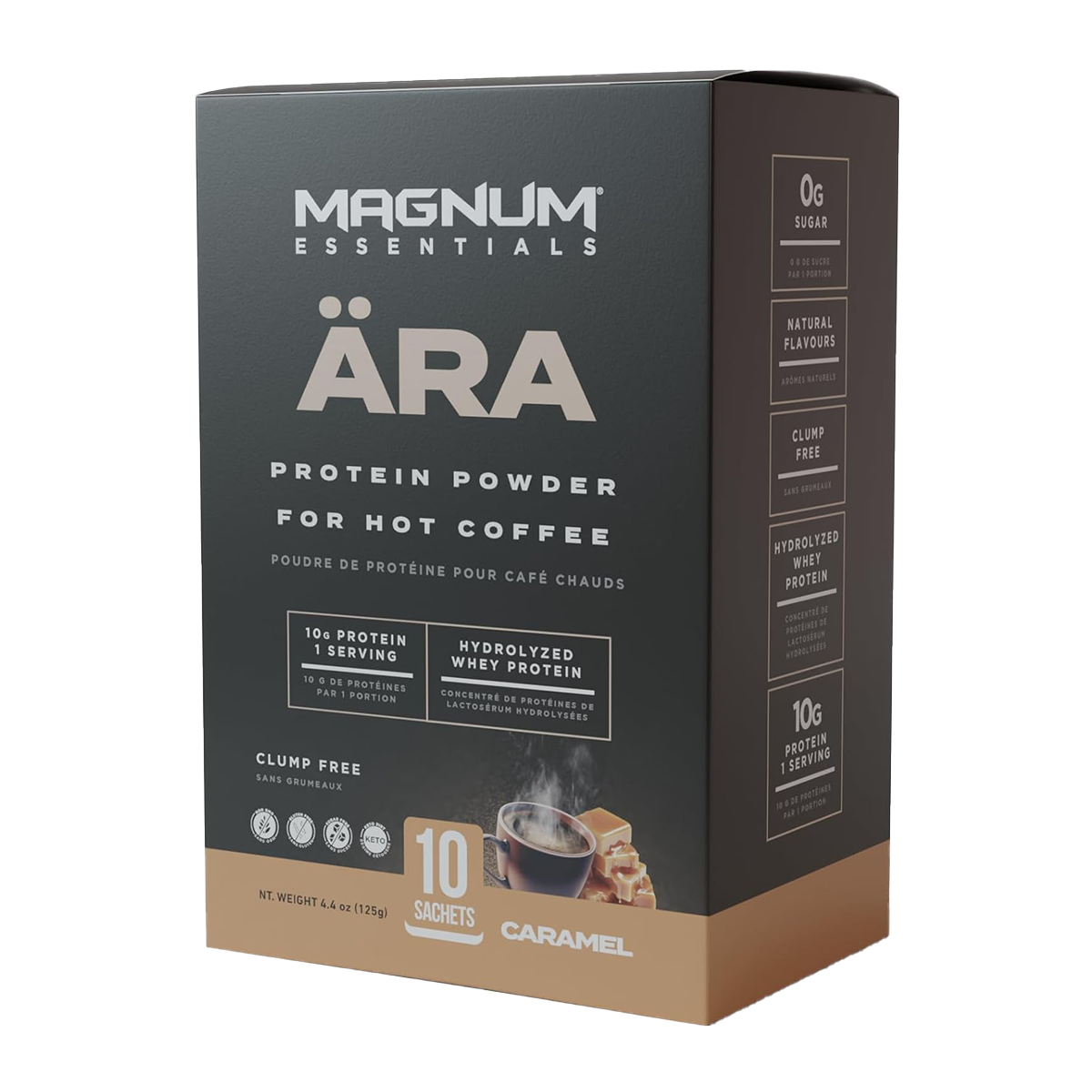 Magnum ARA Non-Creamer (10 Pack) protein powder box, ideal for adding to hot beverages, offering a clump-free, sugar-free protein boost.