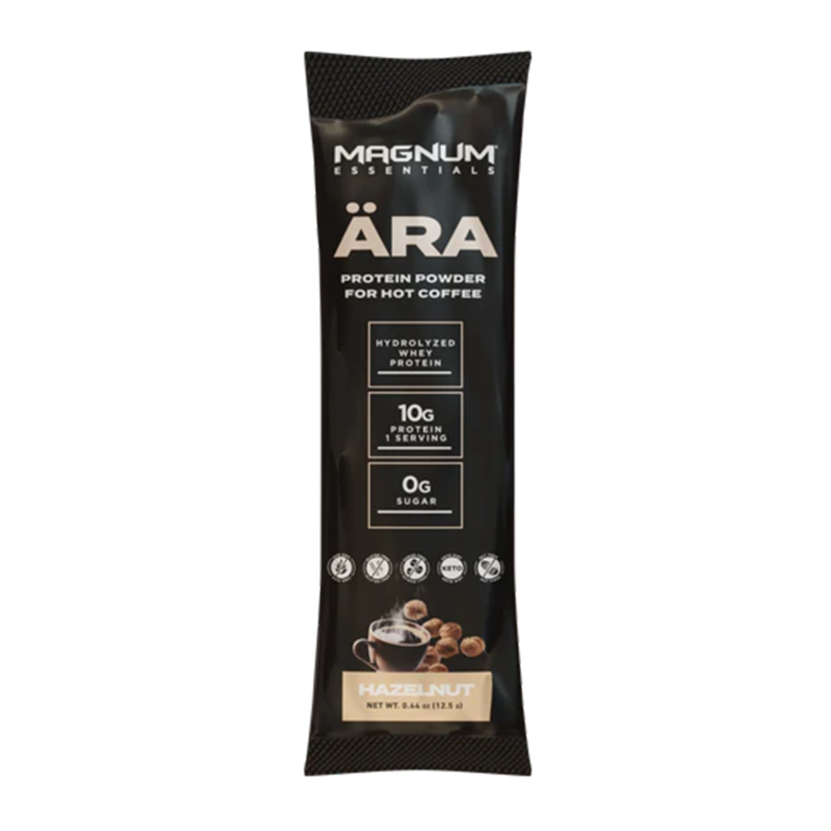 Magnum ARA Non-Creamer Single Serv in a black package with white text, ideal for boosting protein intake in hot beverages without added sugar or gluten.