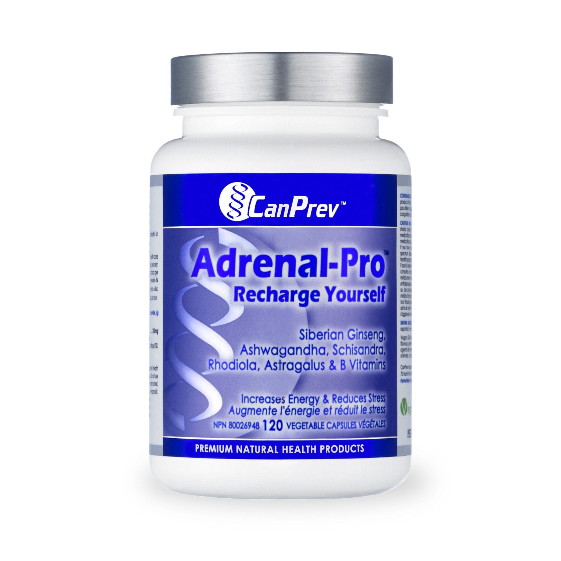 CanPrev Adrenal-Pro supplement bottle with blue label, designed to support adrenal health and enhance physical and mental performance, available at Sector 6 Supplements.