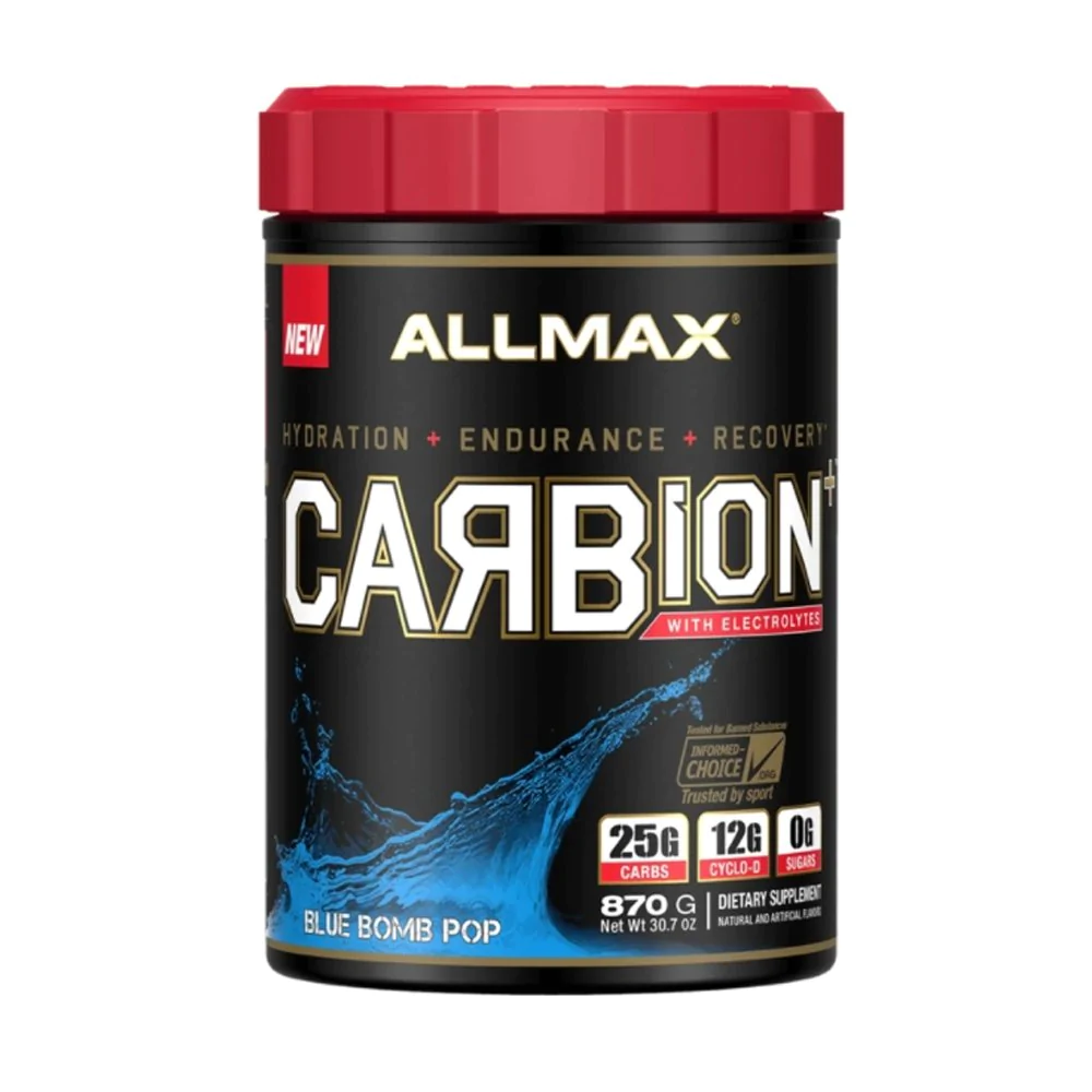 Allmax Carbion 25 servings container with a red lid, featuring a black and gold logo, promotes rapid energy and recovery without added sugar.