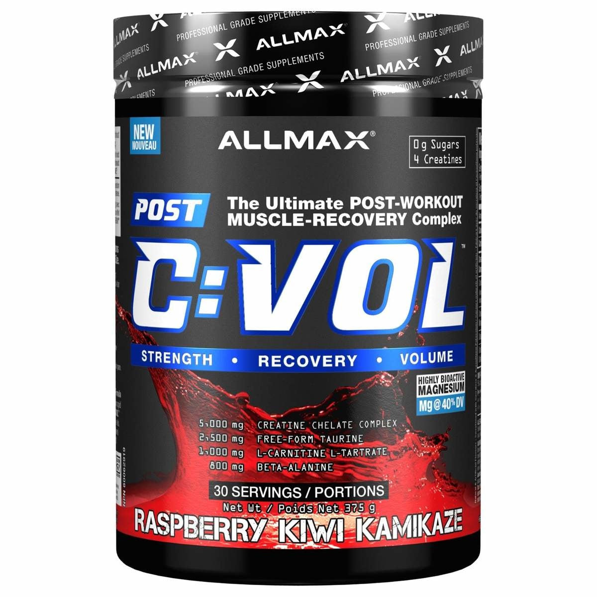 Allmax C:Vol black container, a sugar-free post-workout recovery drink, enhances muscle strength and volume with creatine, taurine, and beta-alanine.