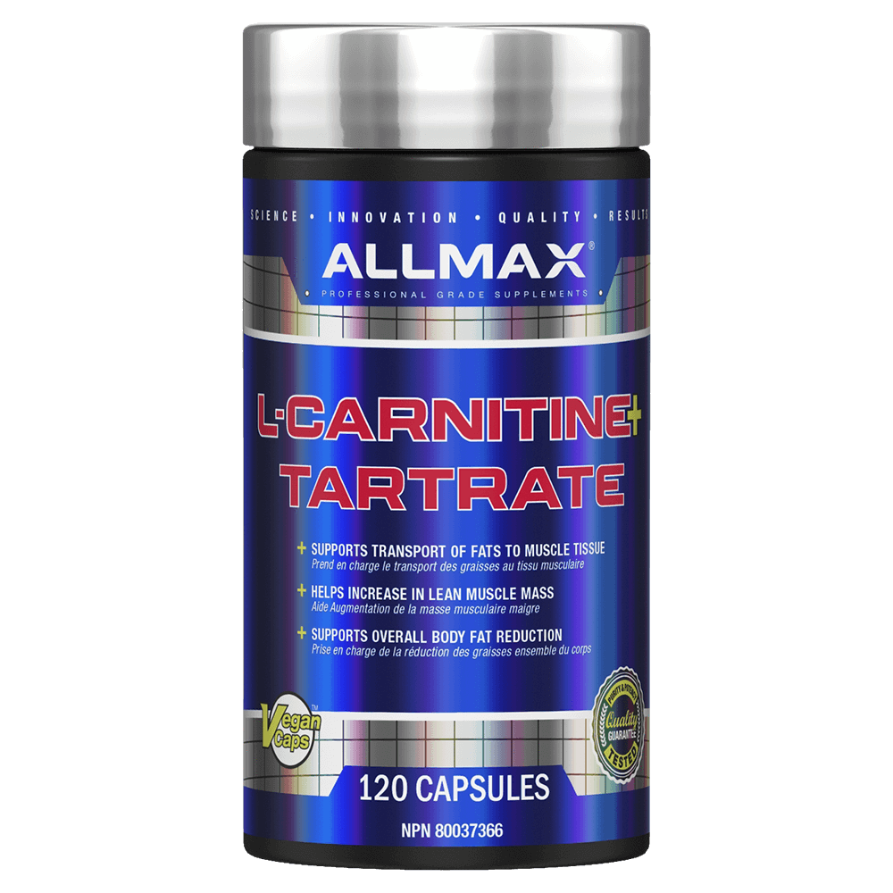 Allmax L-Carnitine 120 Cap: Blue and silver container with a silver lid, holding stimulant-free fat metabolizer capsules for energy and endurance boost.